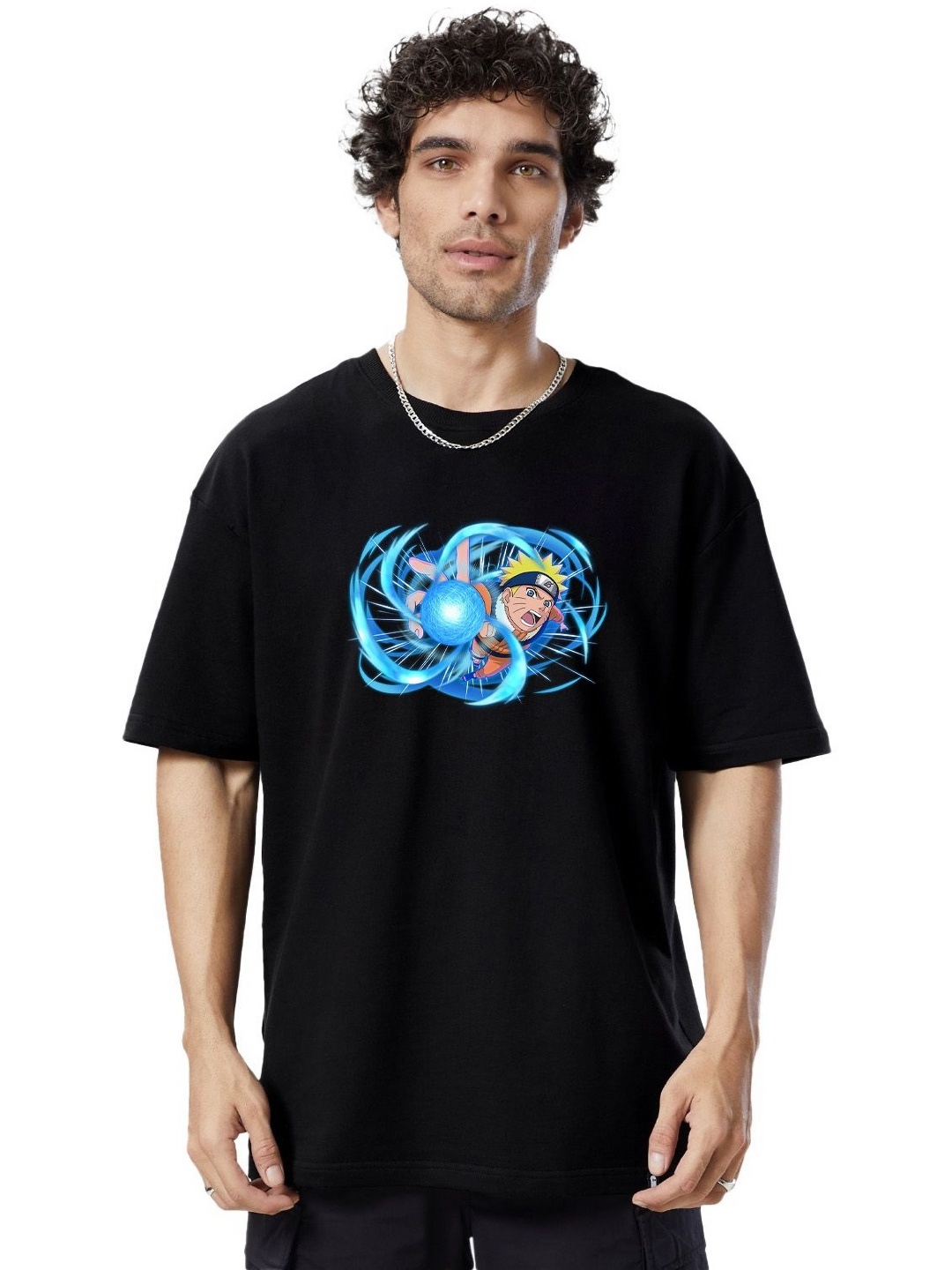 

Organic Chics Men Printed Drop-Shoulder Sleeves Pure Cotton Anti Odour T-shirt, Black