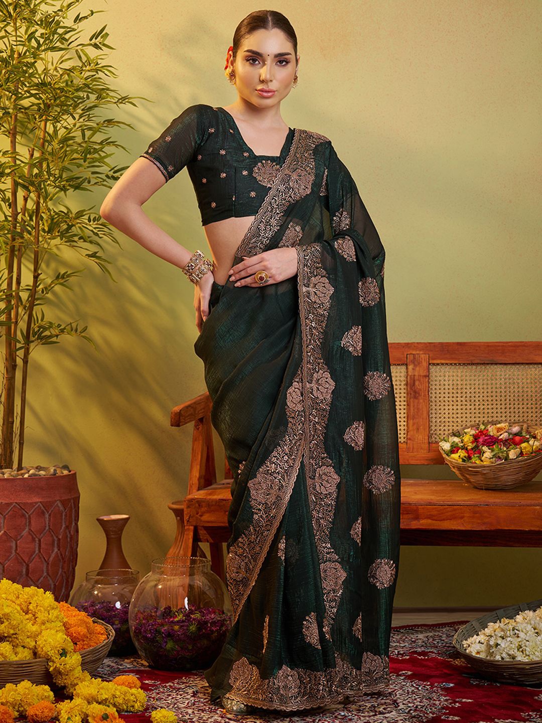 

modeva Embellished Embroidered Satin Saree, Green