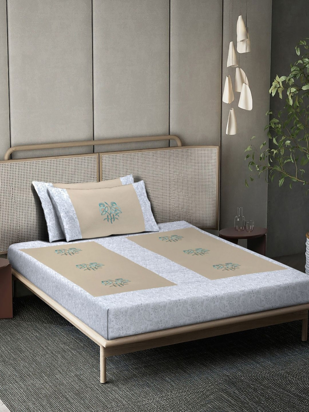 

KLOTTHE Beige & White Floral Embroidered Single Bedsheet With 2 Pillow Cover- 2.25 m x 1.5