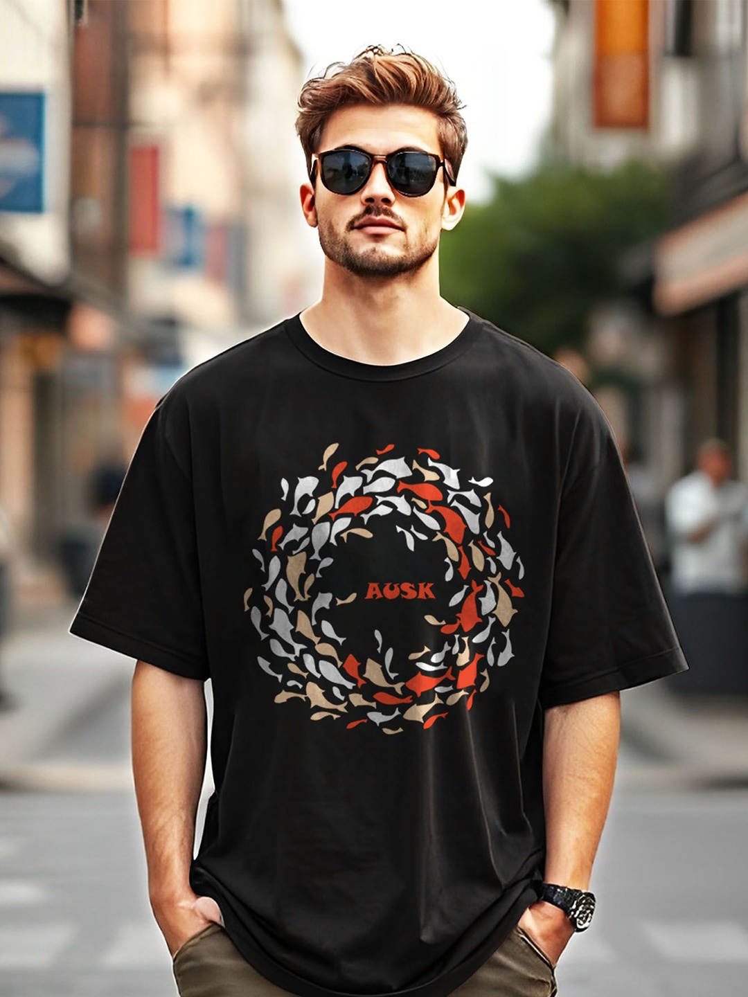 

AUSK Men Printed Pockets T-shirt, Black
