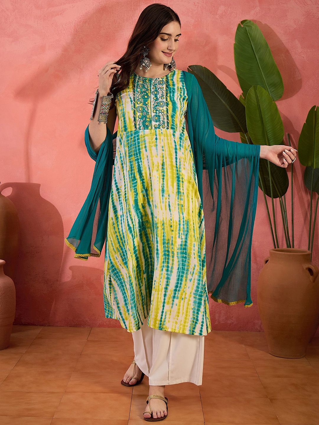 

Sangria Printed & Embroidered A-Line Kurta with Dupatta, Lime green