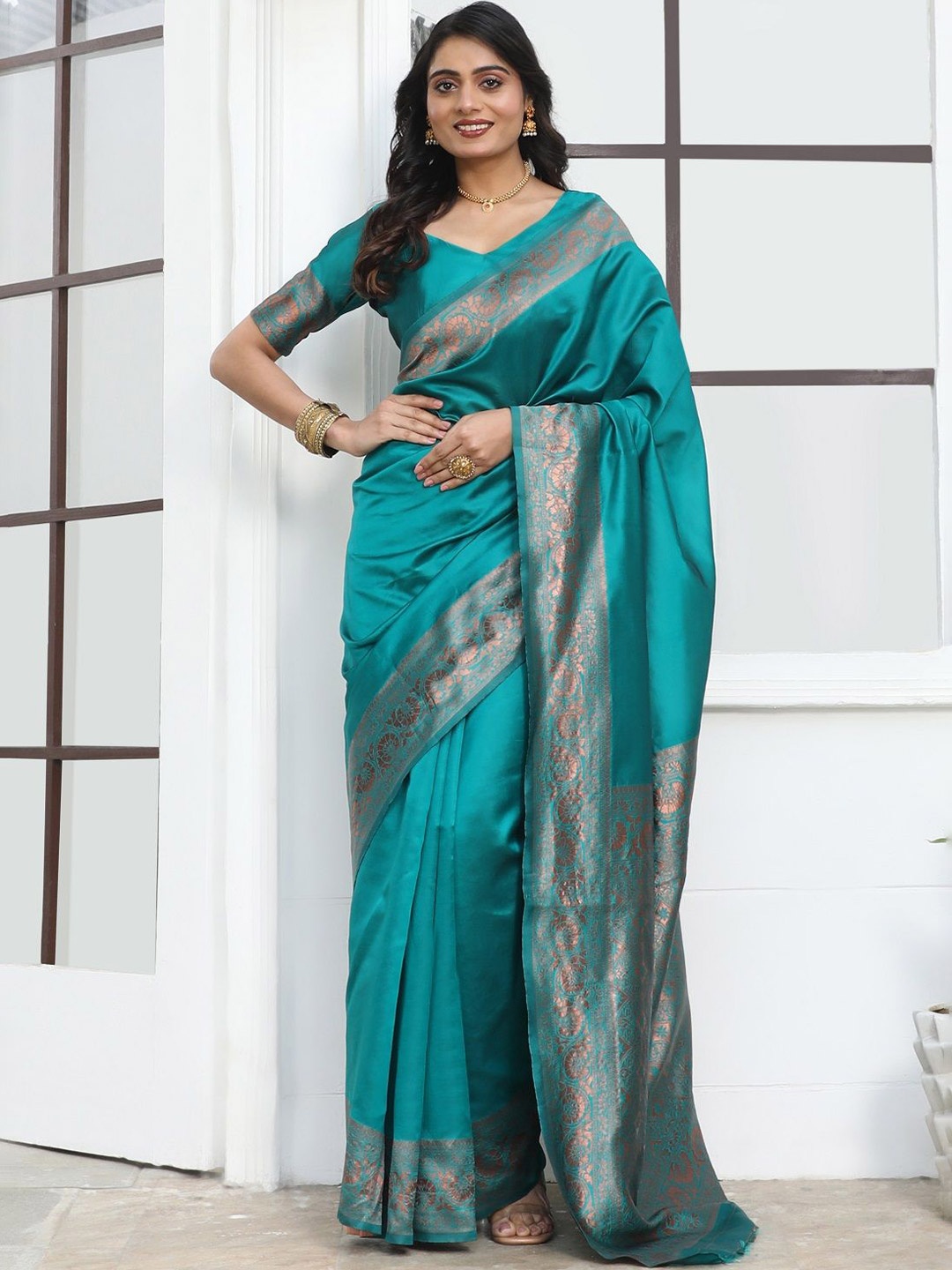 

ORUS Zari Silk Blend Kanjeevaram Saree, Teal