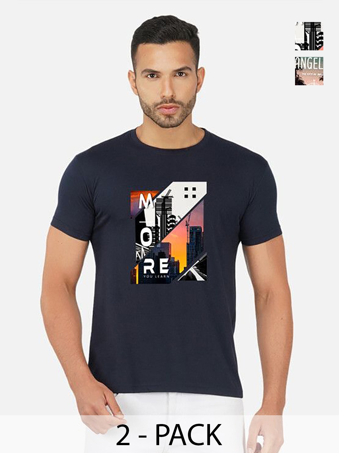 

GLOBAL NOMAD Men 2 Printed Bio Finish Applique T-shirt, Navy blue