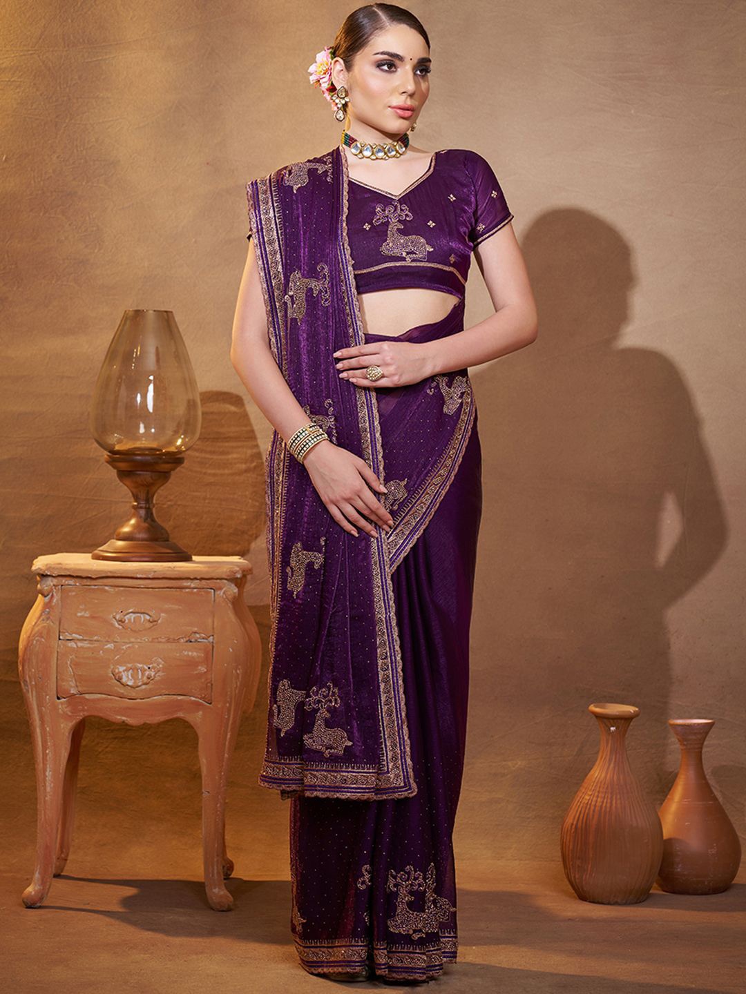 

Kalista Embellished Beads and Stones Satin Saree, Purple