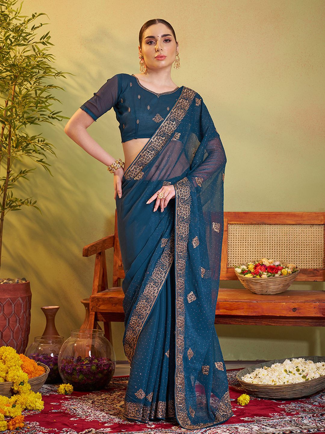 

modeva Floral Embroidered Organza Saree, Navy blue