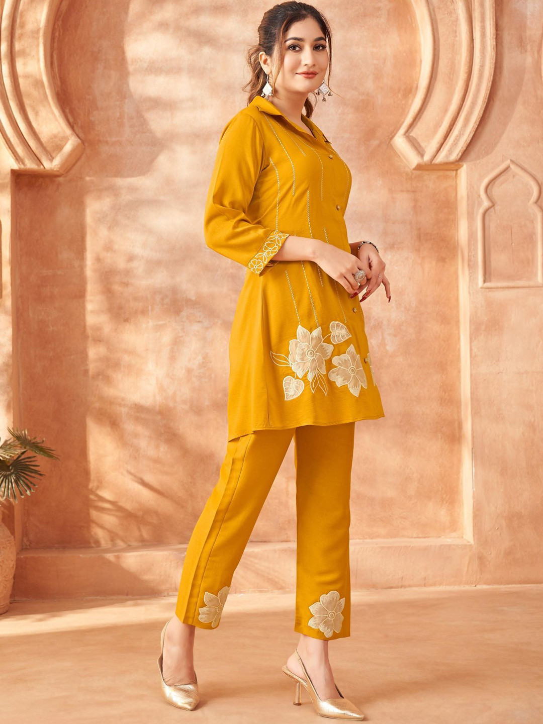 

FREYAA Embroidered Top With Trousers Co-Ords, Mustard