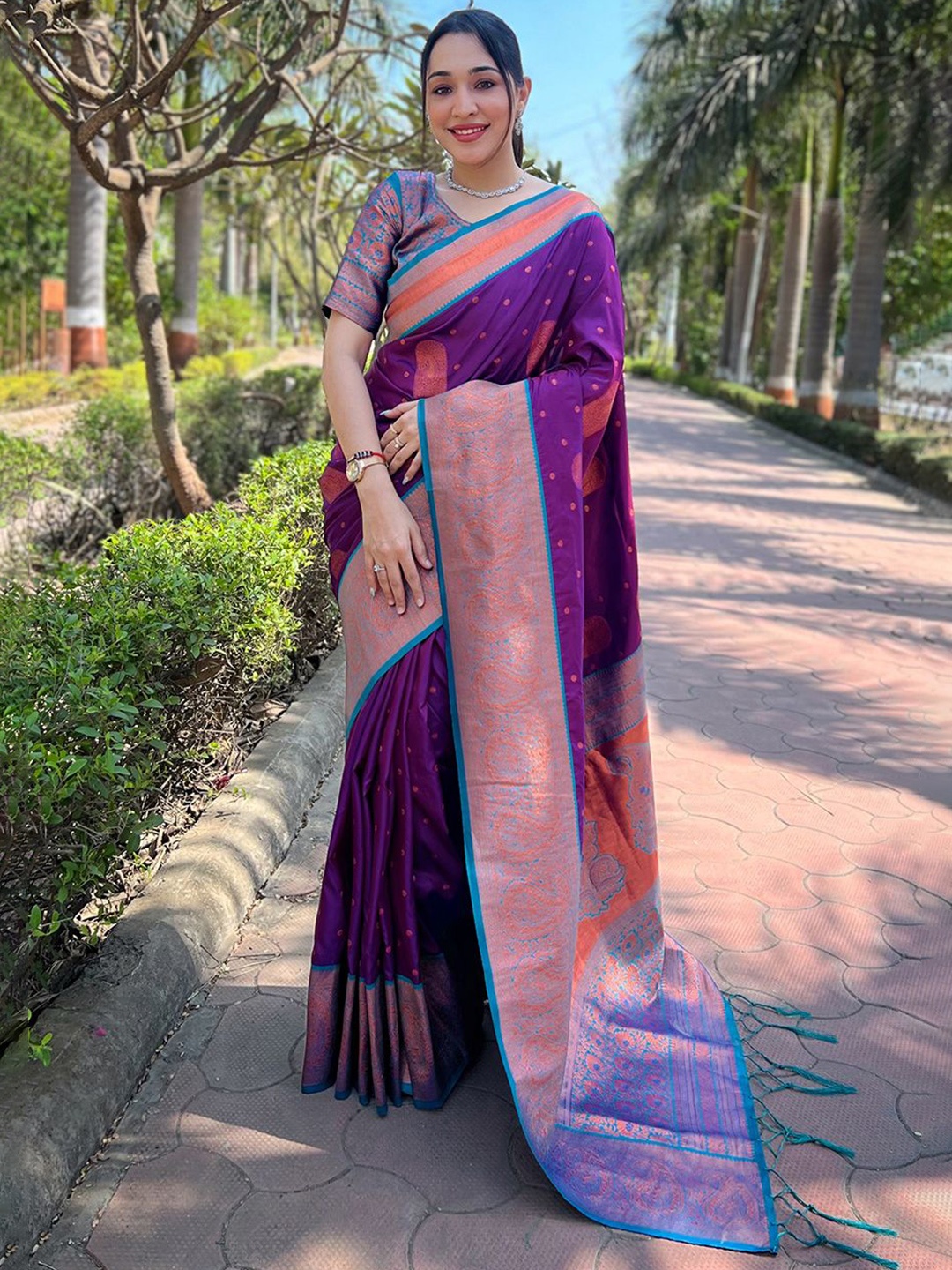 

all about you Woven Design Zari Silk Blend Banarasi Saree, Purple