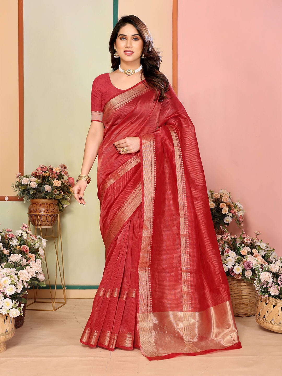 

Moda Rapido Woven Design Zari Silk Blend Kanjeevaram Saree, Red