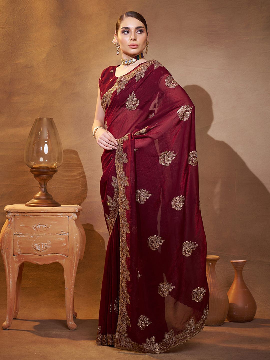 

Kalista Embellished Embroidered Pure Chiffon Saree, Maroon