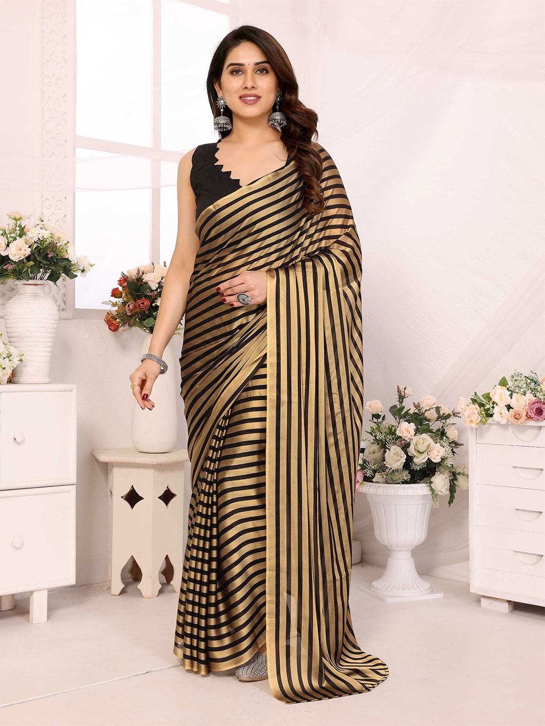 

LeeliPeeri Designer Striped Poly Georgette Ready to Wear Saree, Cream