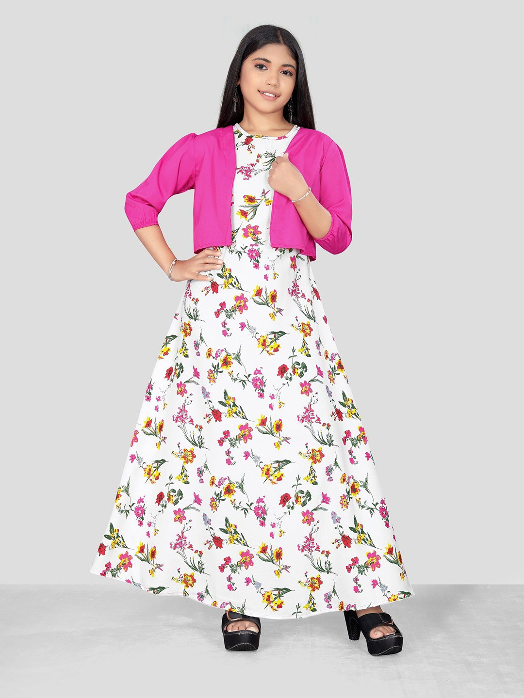 

Aarya Designer Floral Print Puff Sleeve Crepe Formal Fit & Flare Maxi Dress, Pink