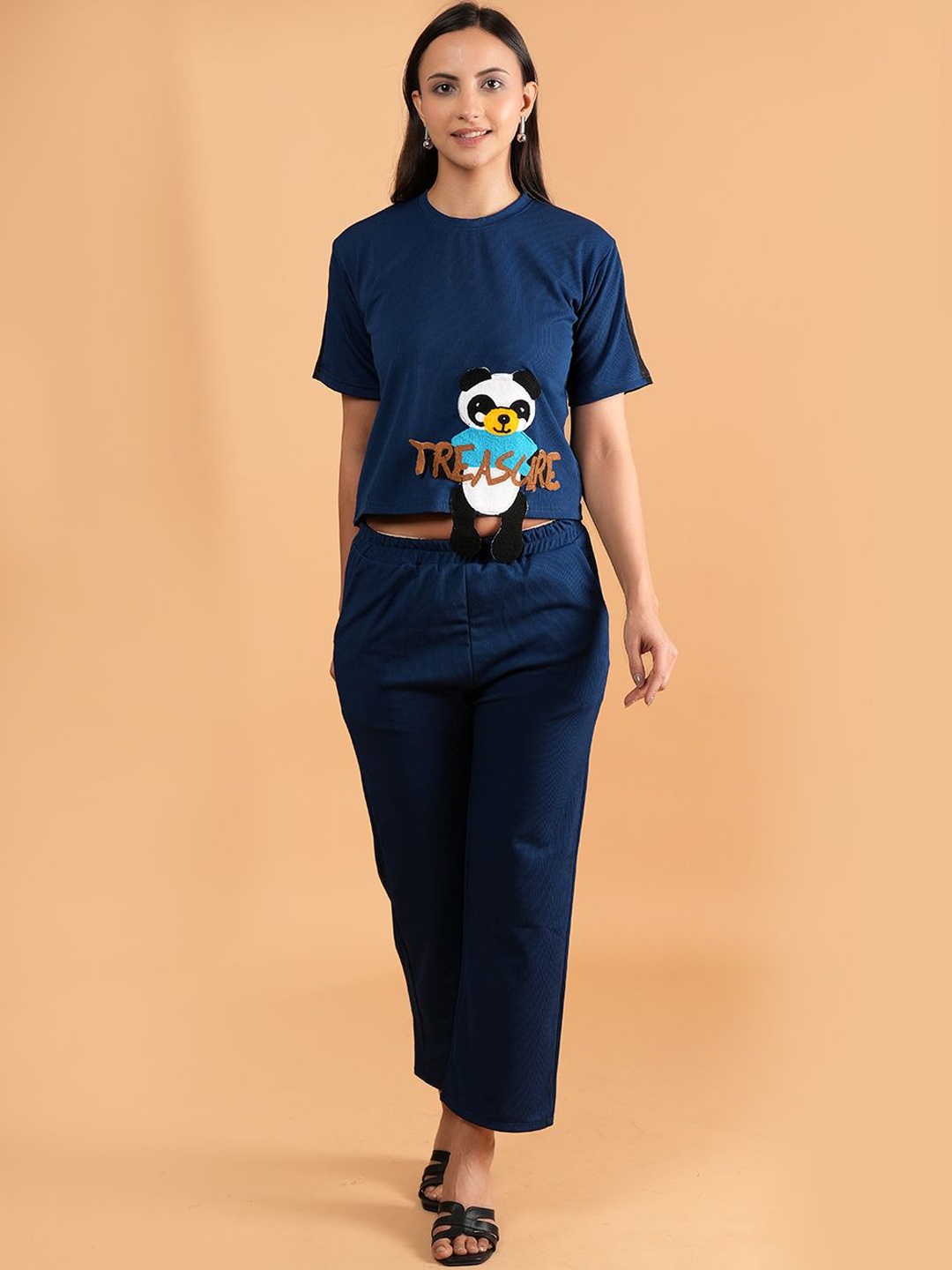 

Dreambe Printed Round Neck Crop Top With Trousers Co-Ords, Blue