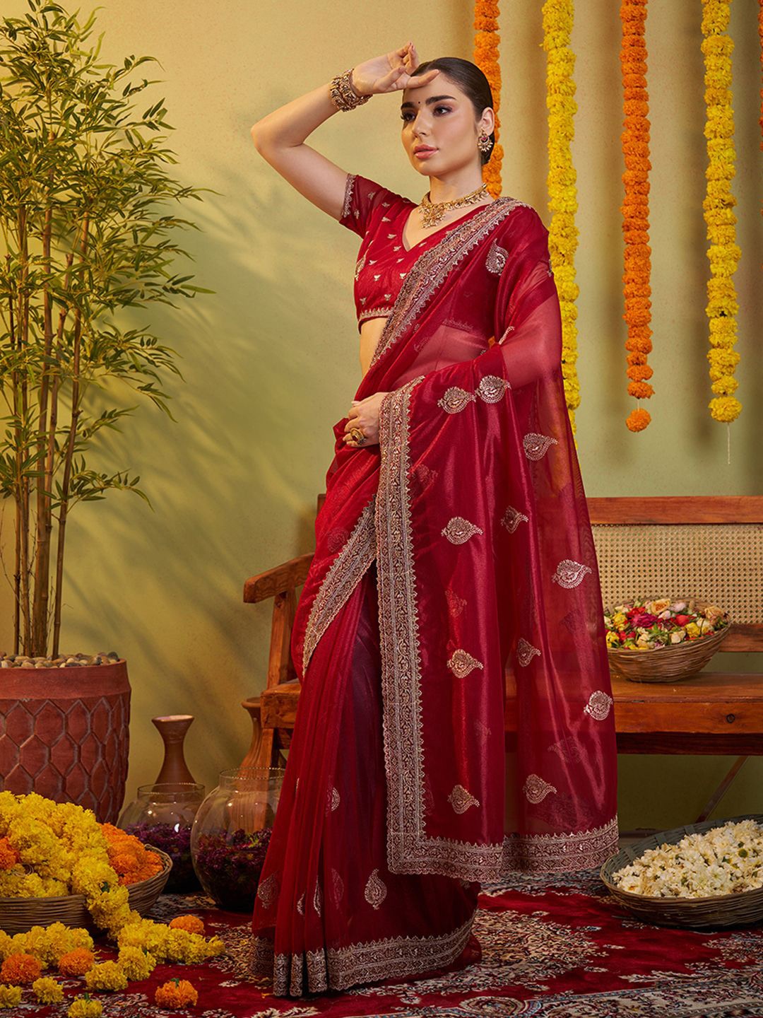 

Kalista Floral Zari Organza Saree, Maroon