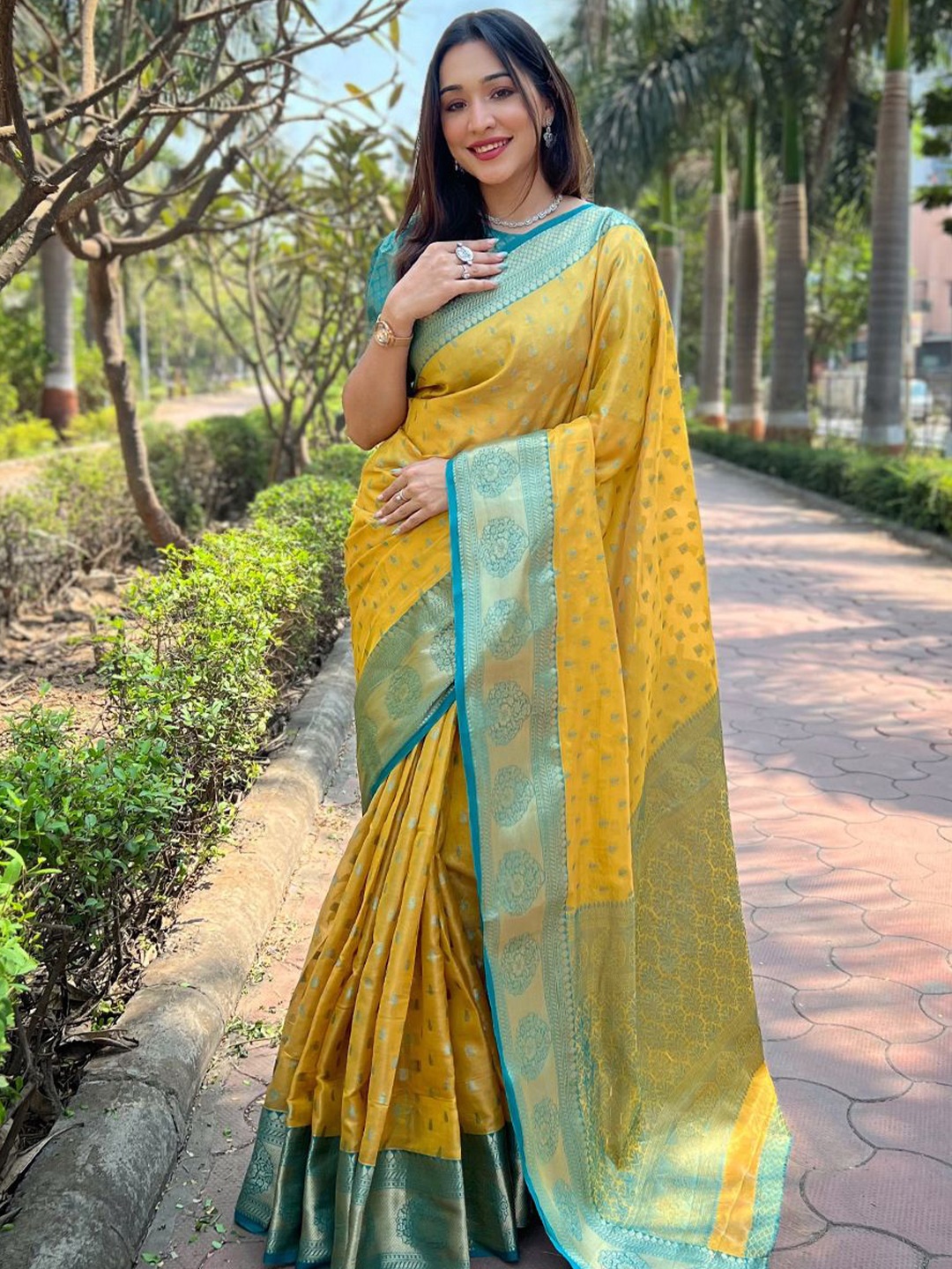 

all about you Woven Design Zari Tissue Kanjeevaram Saree, Yellow