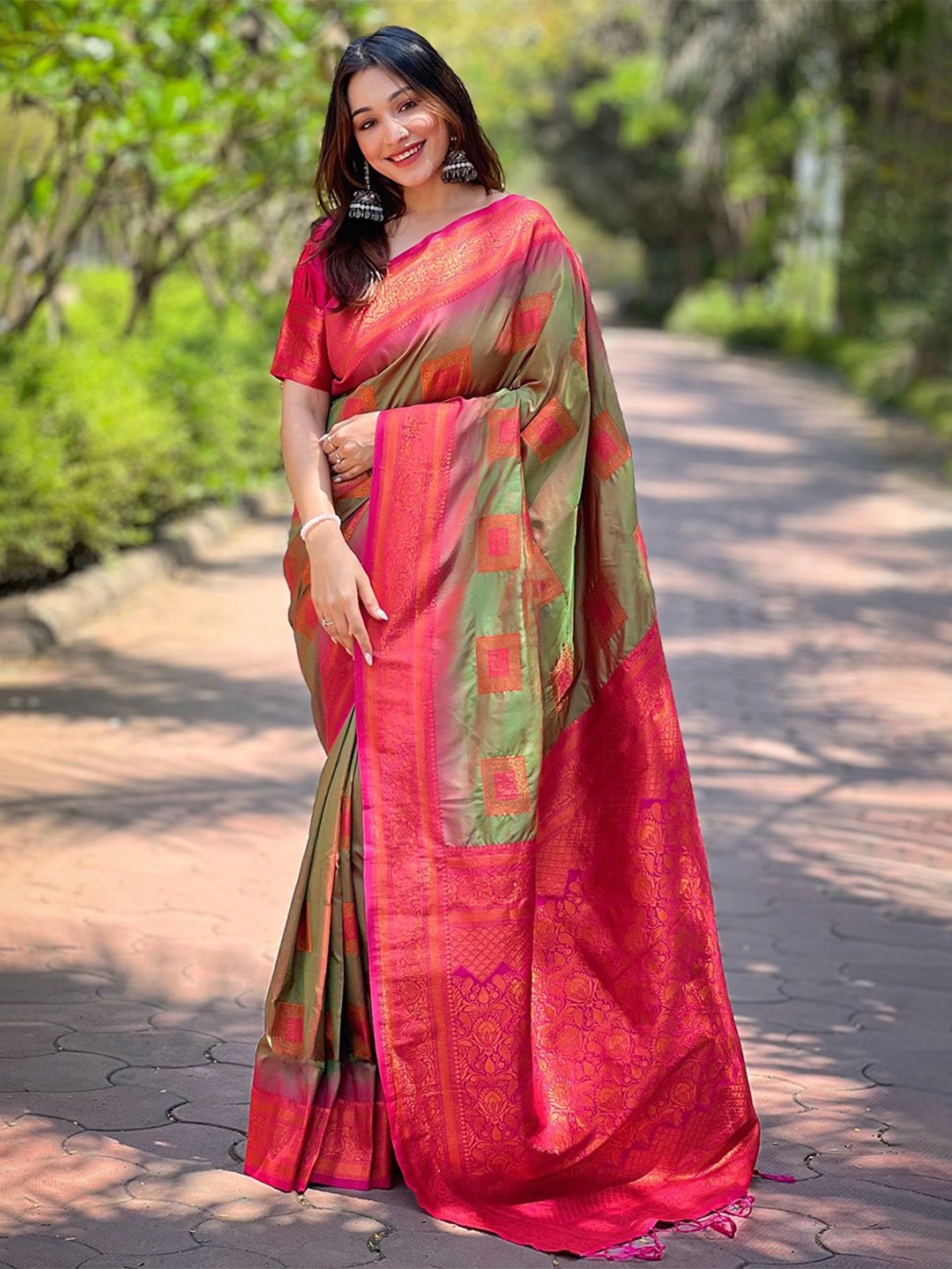 

all about you Woven Design Zari Silk Blend Banarasi Saree, Olive