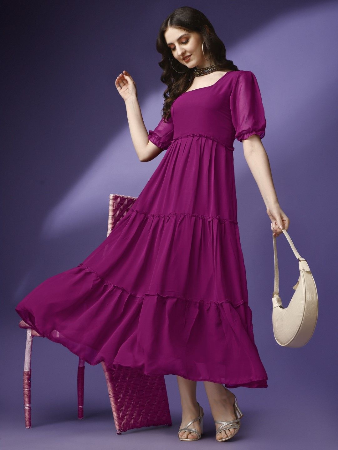 

Jash Creation Bell Sleeve Applique Georgette Fit & Flare Maxi Dress, Magenta