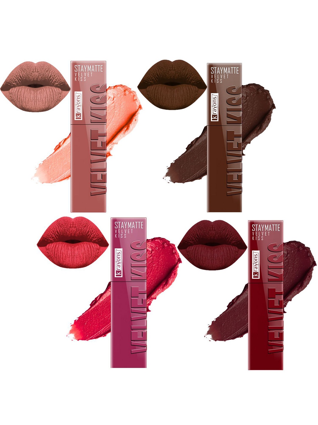 

krayons Set Of 4 Velvet Kiss Non Transfer Liquid Matte Lipstick - 3.5 ml Each, Pink