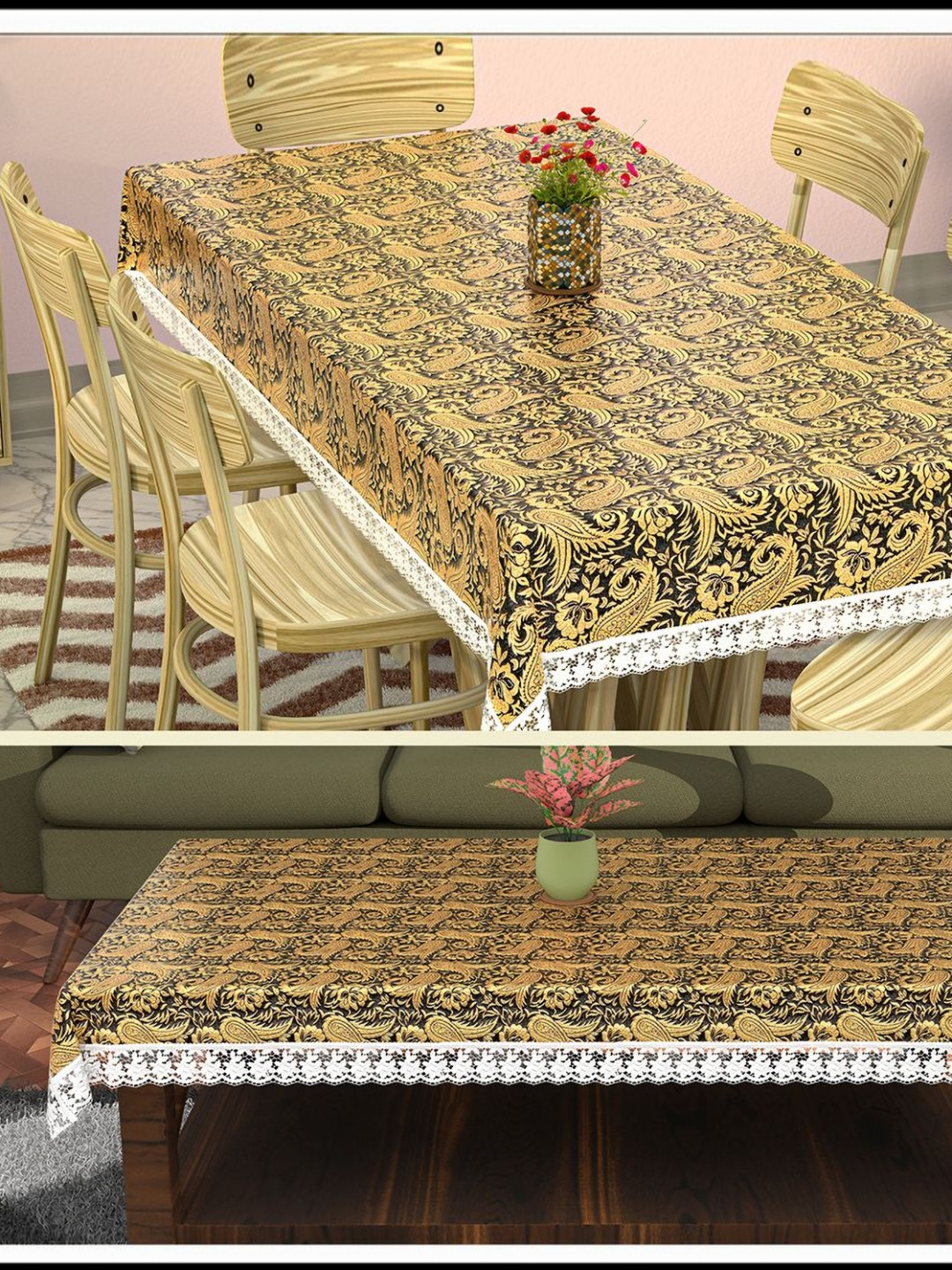 

Aura Black Combo Set of 2 Floral Plastic 6-Seater Dining Table Cover & Center Table Cover