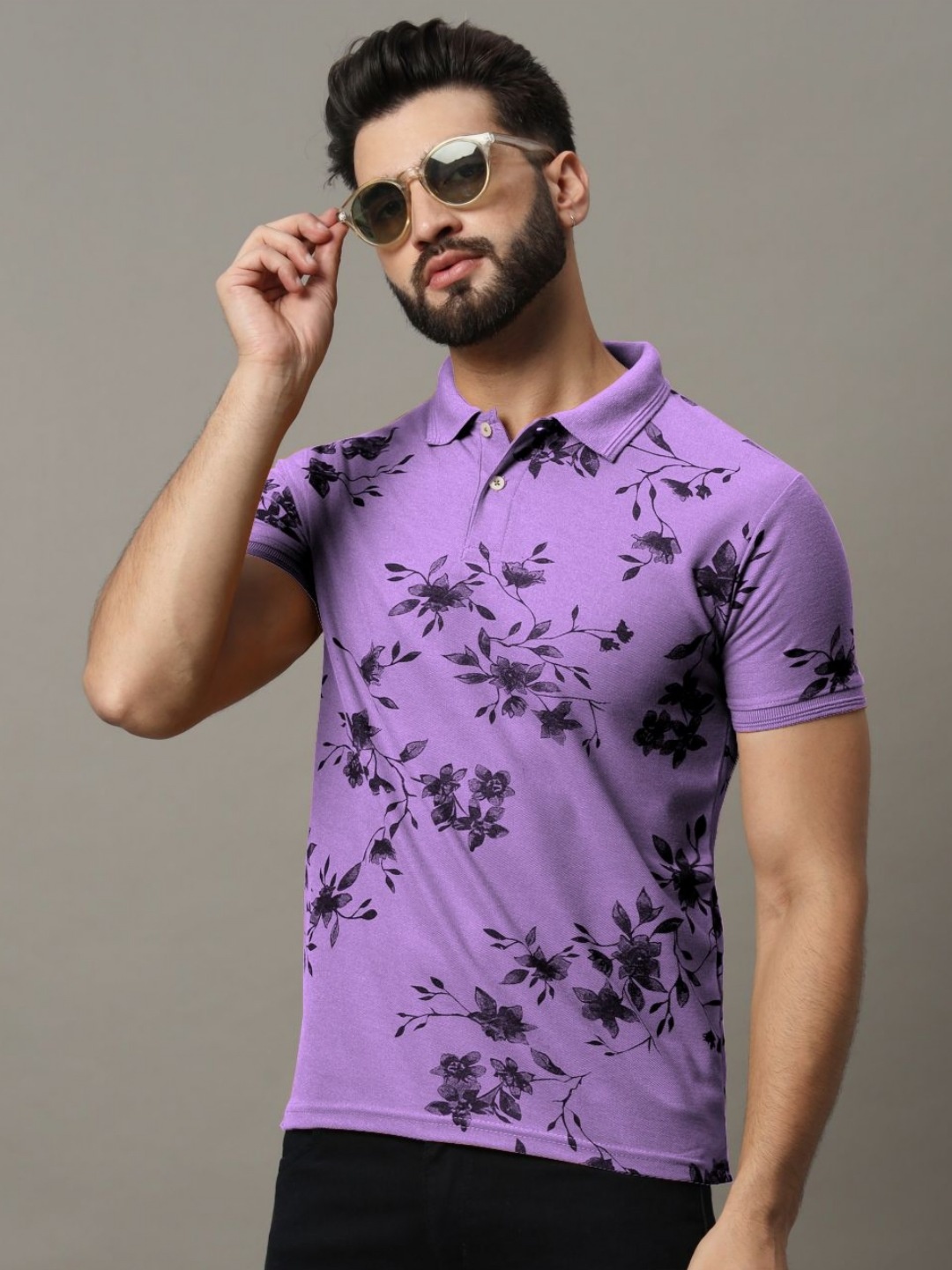 

R.ARHAN PREMIUM Men Floral Printed Polo Collar Pockets T-shirt, Purple