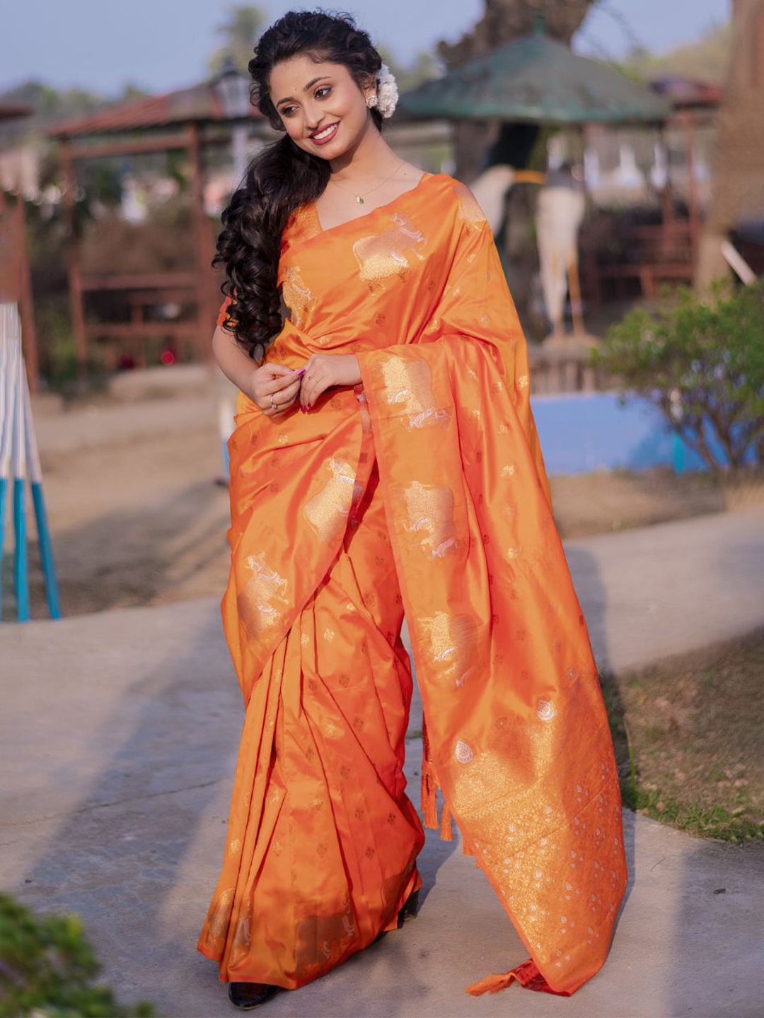 

all about you Woven Design Zari Silk Blend Banarasi Saree, Orange