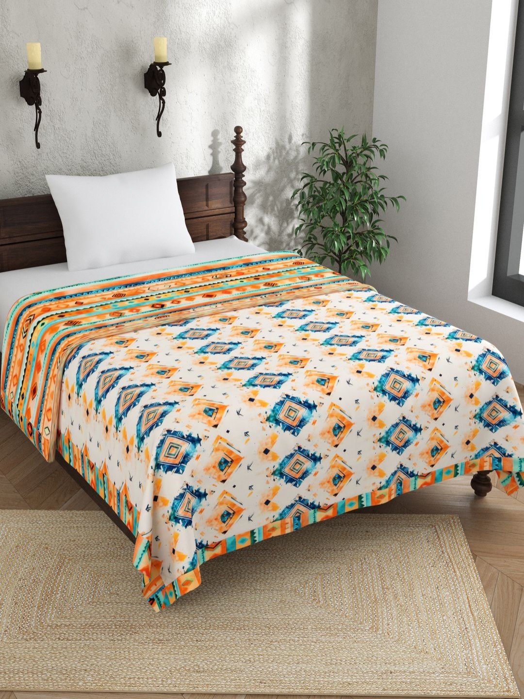 

EverHOME White & Blue Ethnic Motifs AC Room 150 GSM Single Bed Dohar