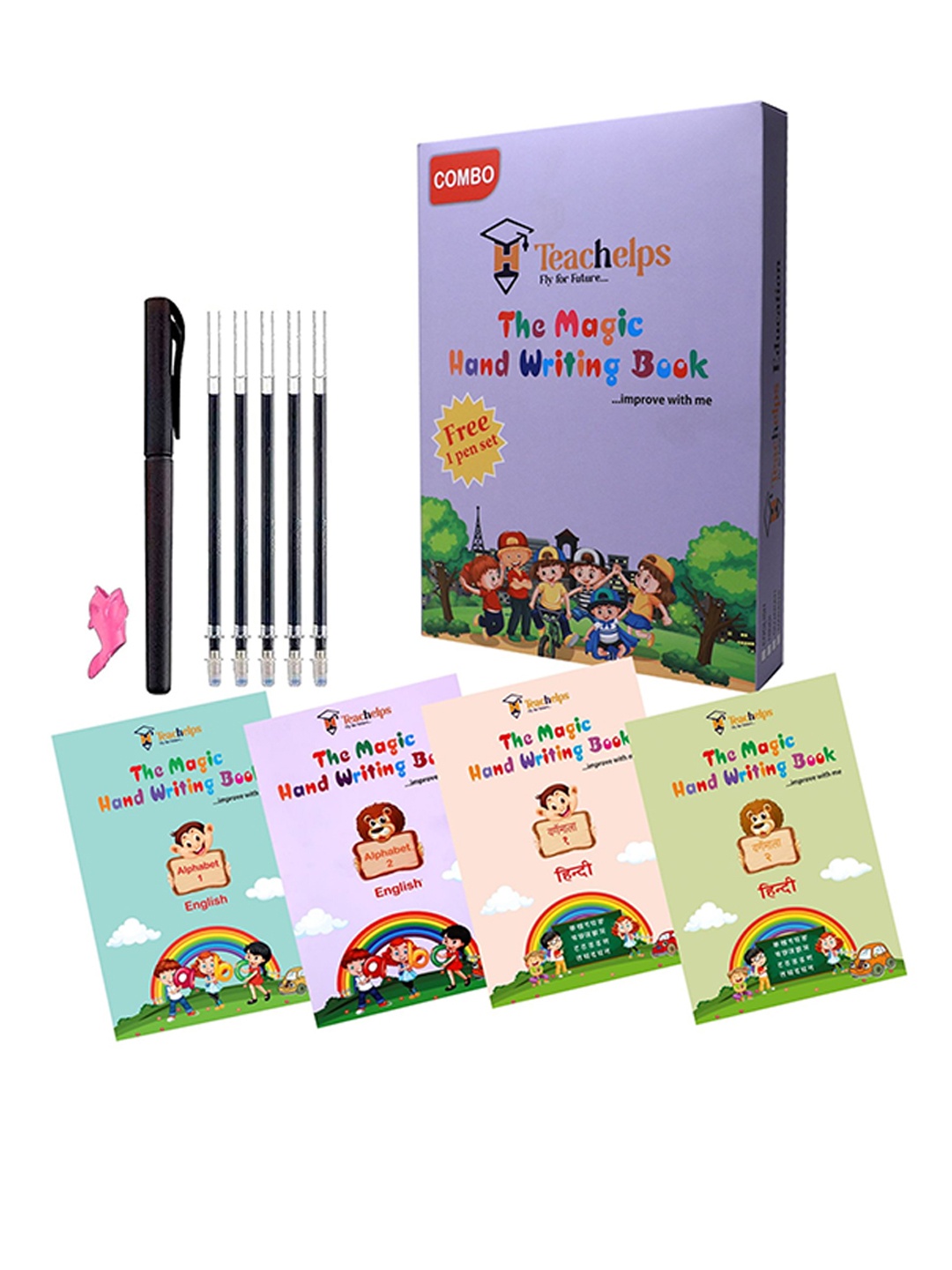 

Teachelps Set Of 4 Reusable English Hindi Books With 1 Pen, Green