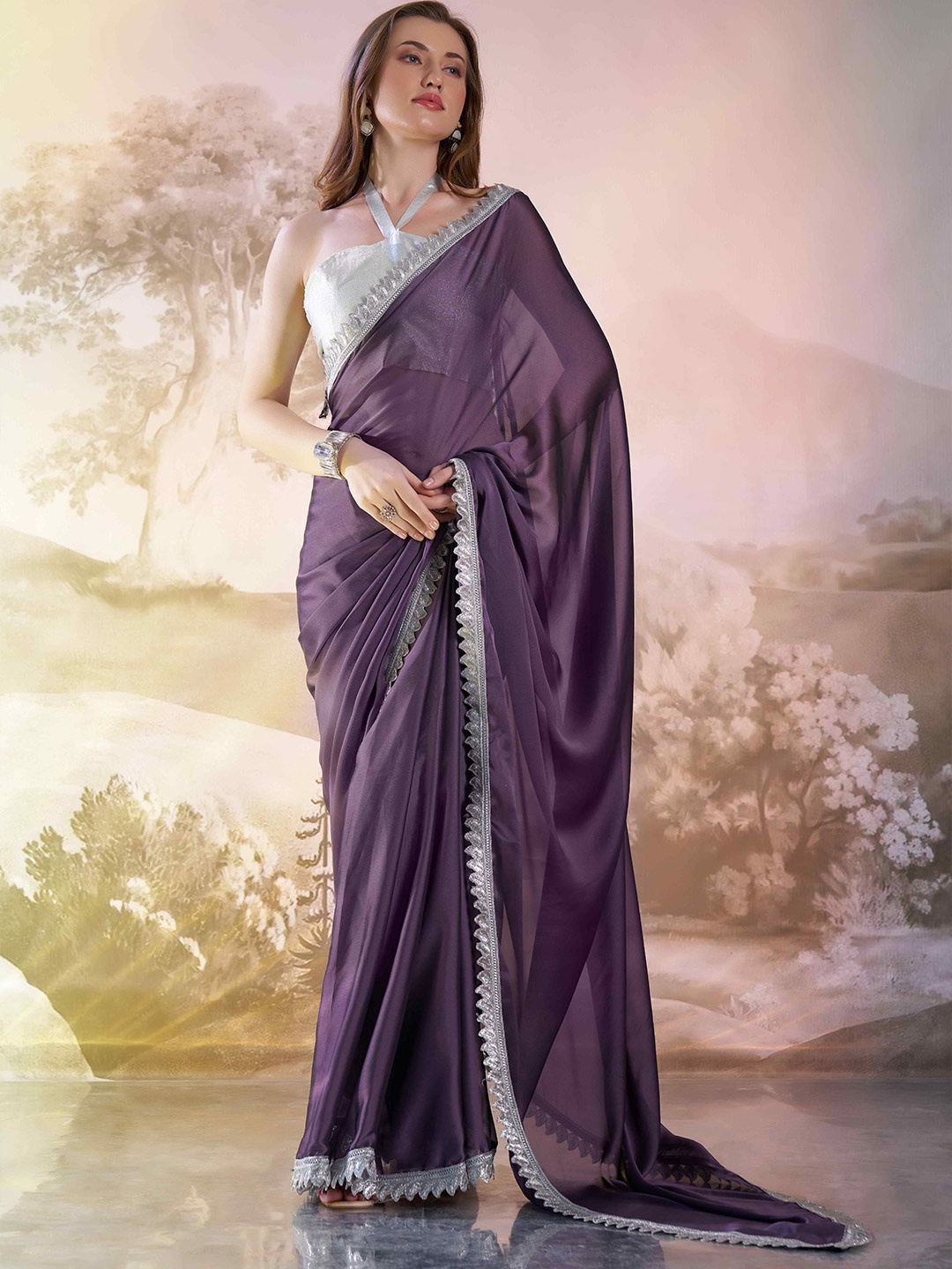 

HERE&NOW Satin Tussar Saree, Purple