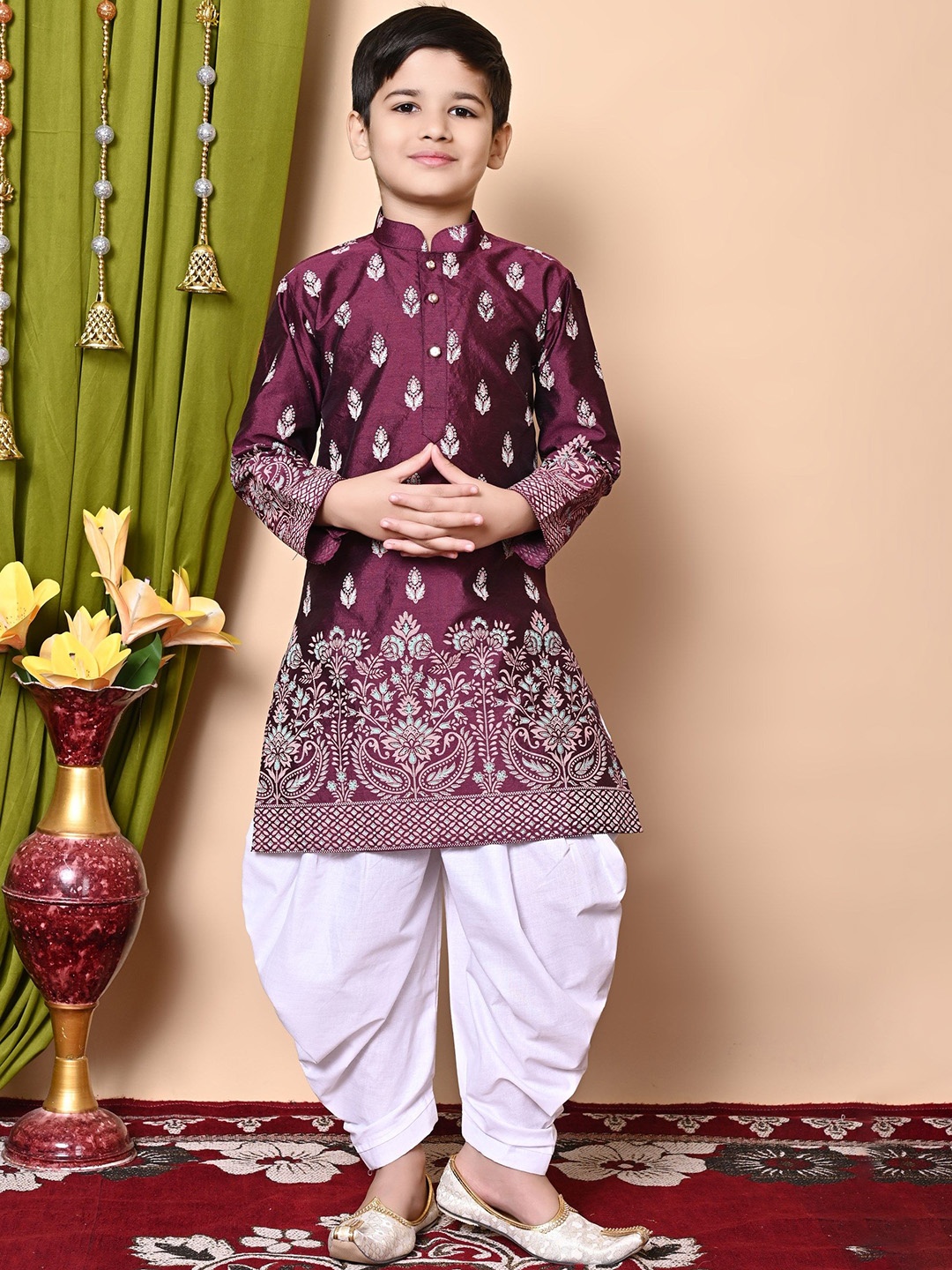

BAESD Boys Floral Printed Regular Dupion Silk Kurta with Patiala, Purple