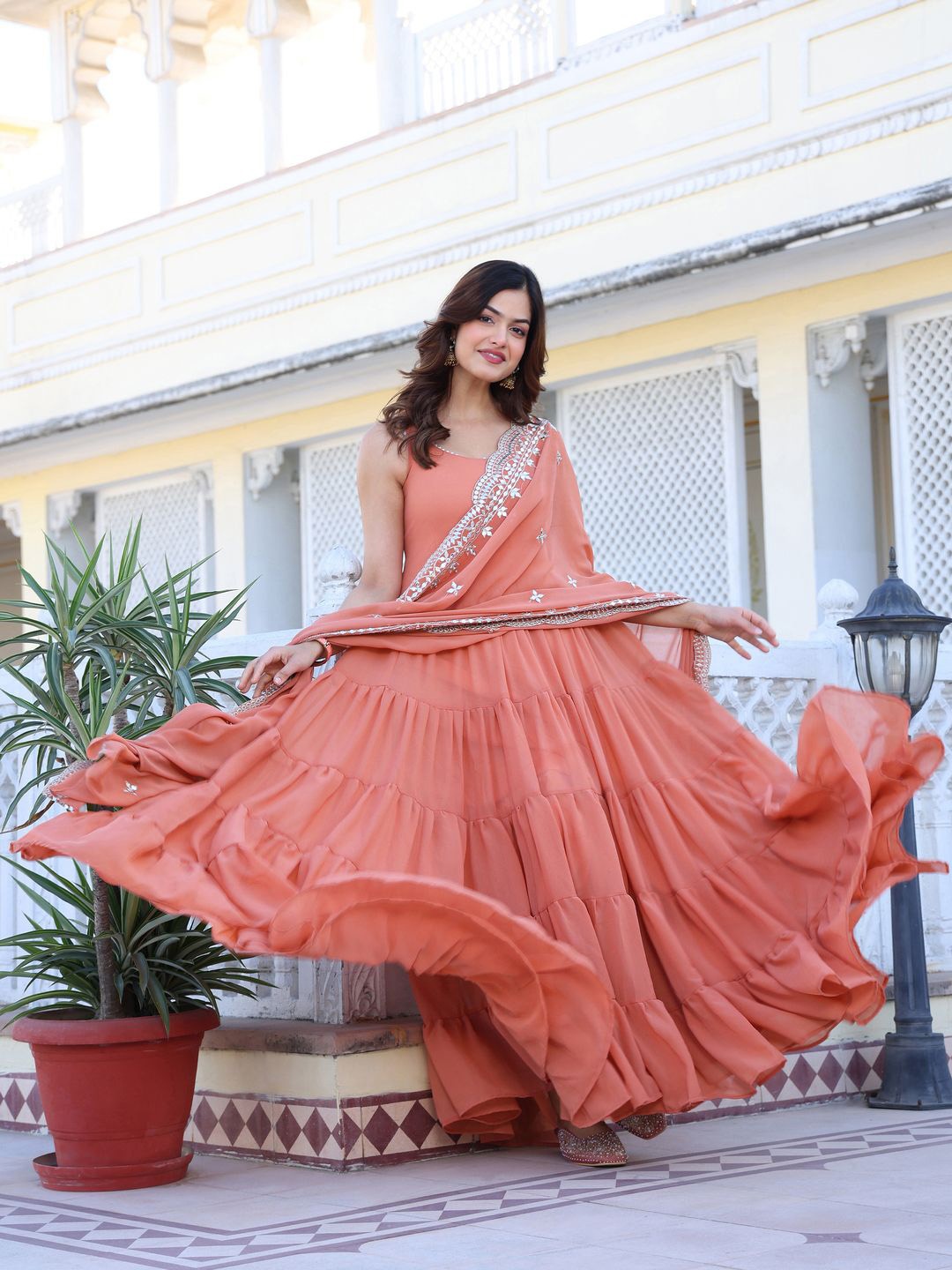 

Wedani Women Layered Kurta with Pyjamas & With Dupatta, Peach