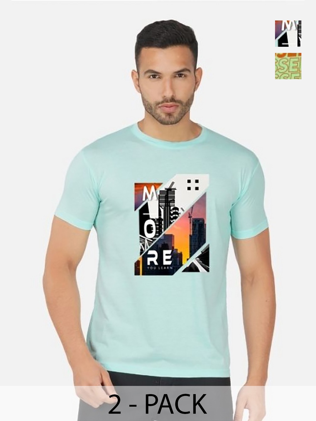 

GLOBAL NOMAD Men 2 Printed Bio Finish Applique T-shirt, Turquoise blue
