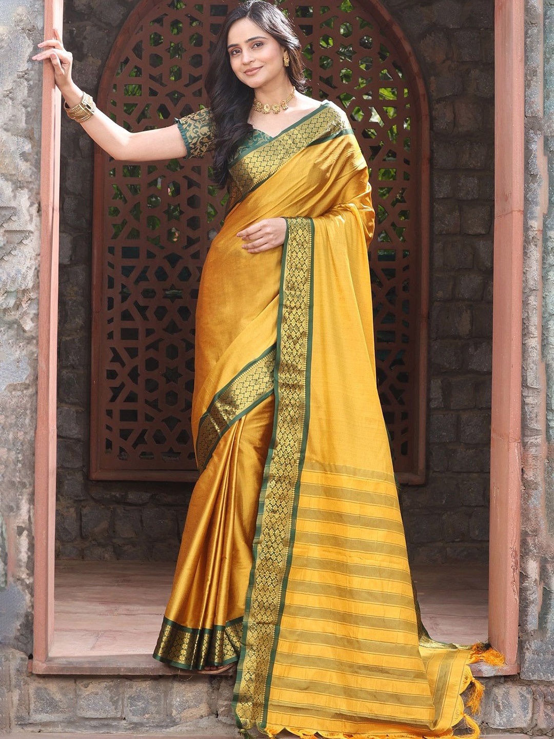

ORUS Zari Pure Silk Kanjeevaram Saree, Mustard