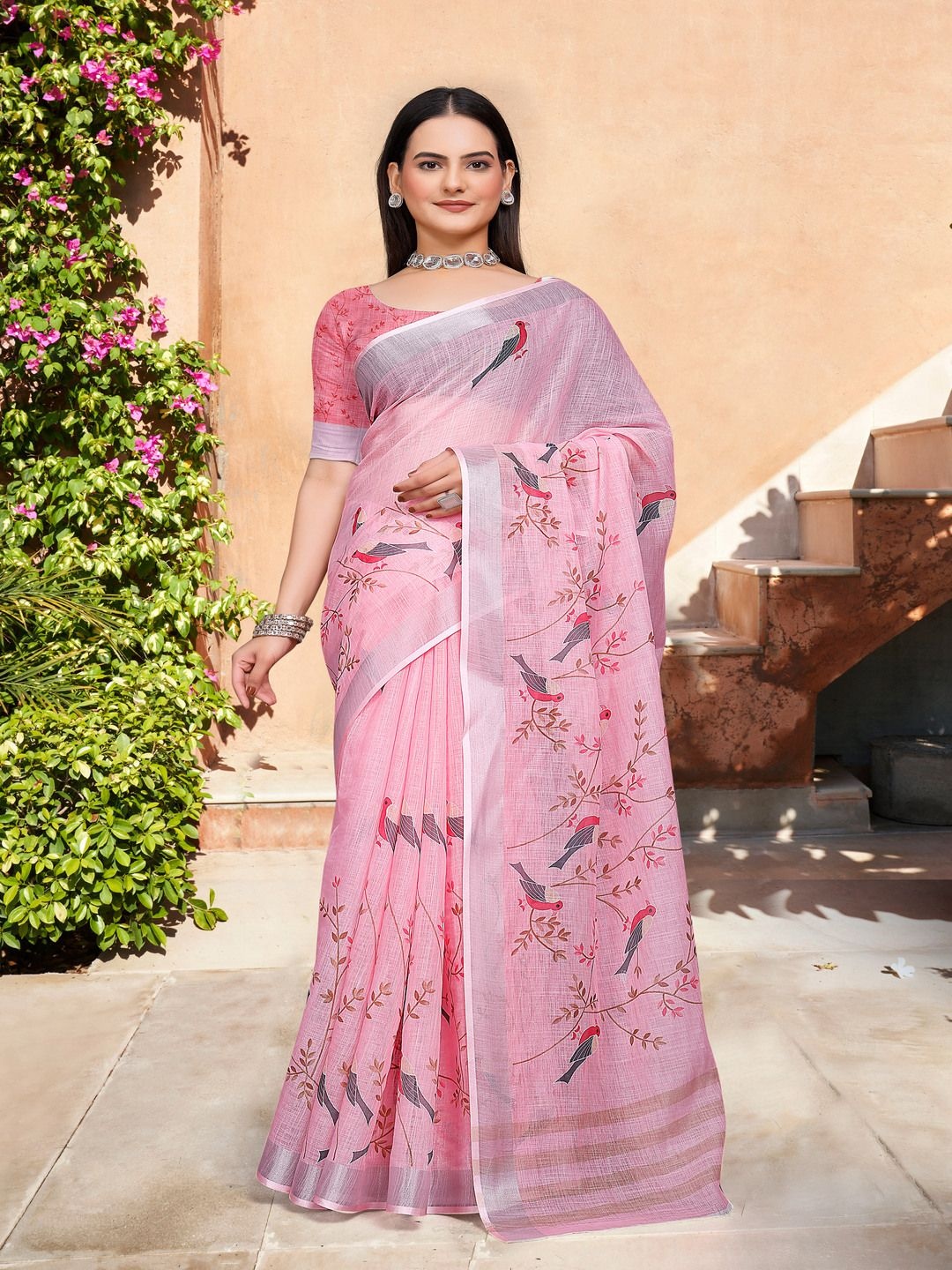

TRENDING KART Floral Zari Linen Blend Chanderi Saree, Pink