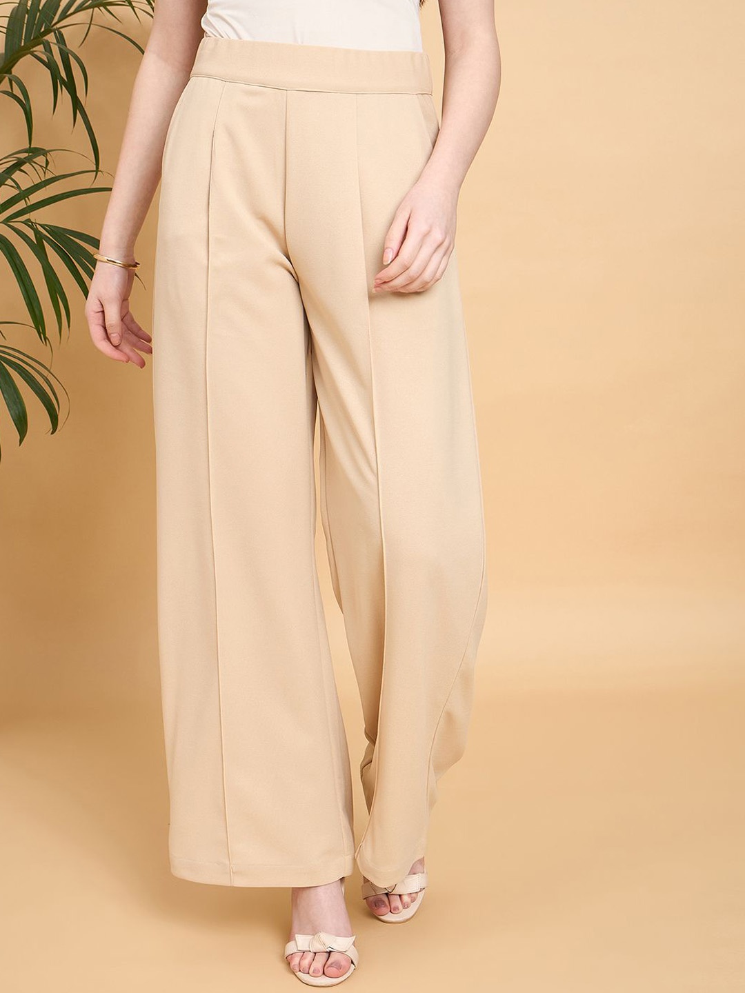 

JUNE & HARRY Women Relaxed Straight Leg High-Rise Trousers, Beige