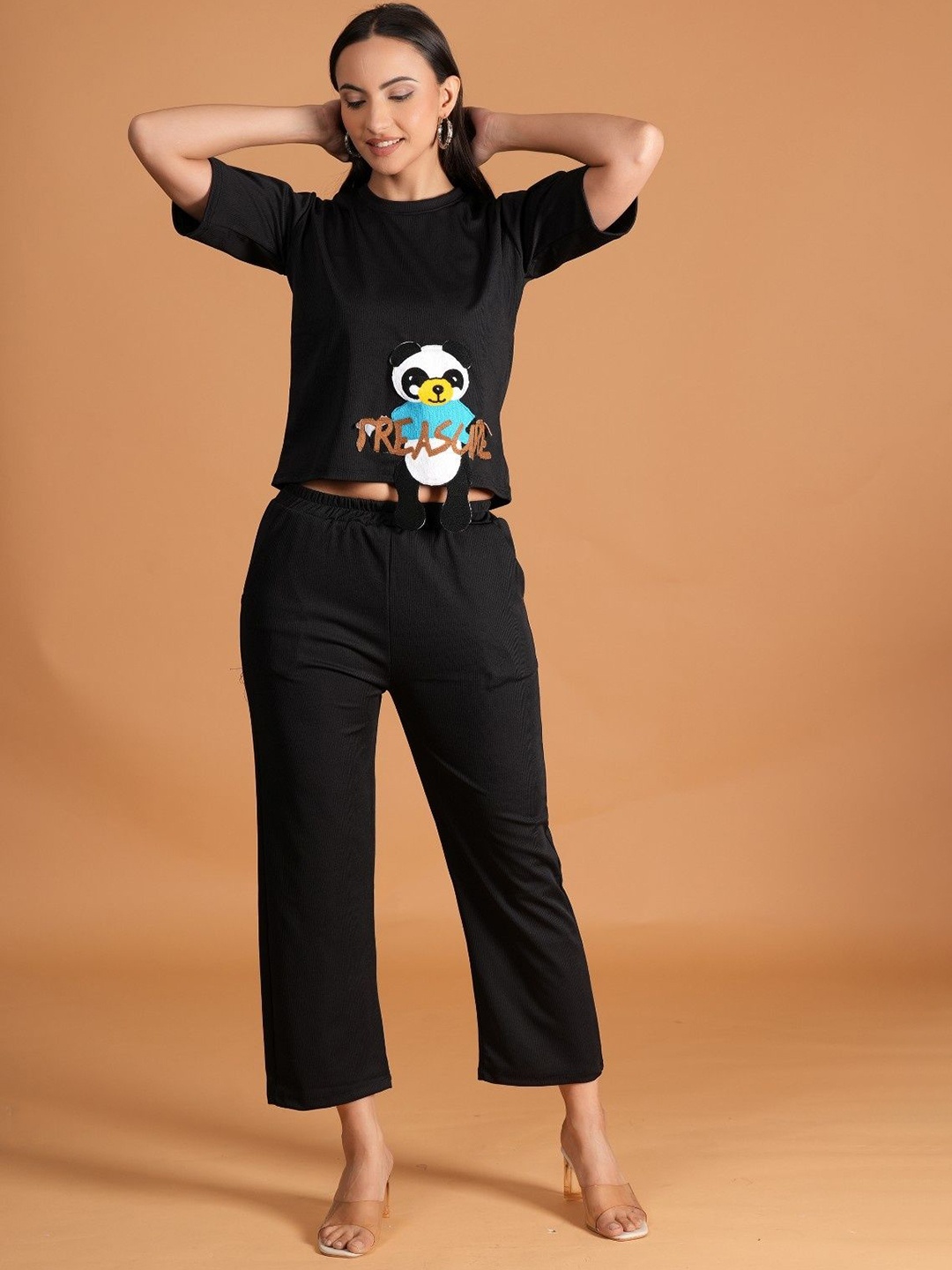 

Dreambe Printed Round Neck Crop Top With Trousers Co-Ords, Black