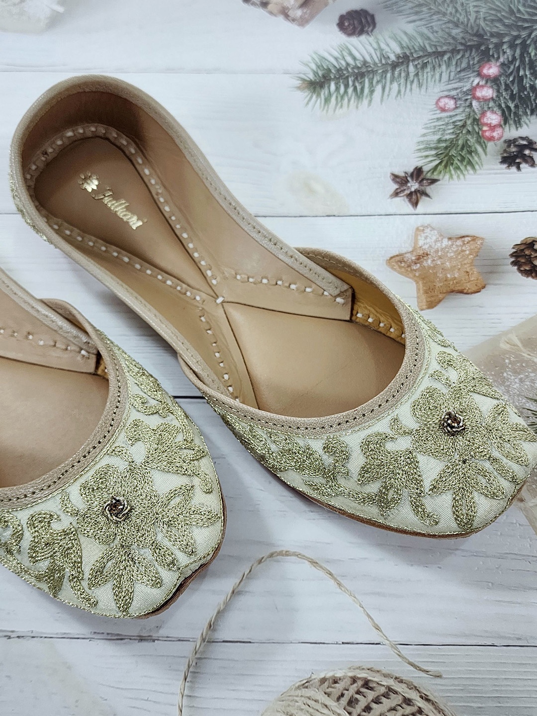 

Fulkari Women Embellished Ethnic Mojaris Flats, Beige