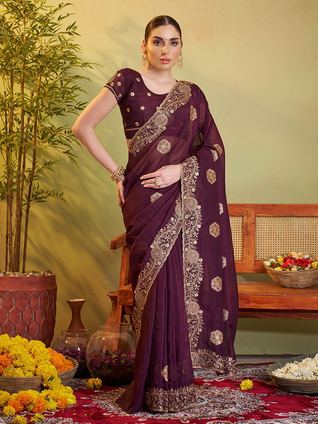 

Kalista Embellished Embroidered Pure Chiffon Saree, Purple