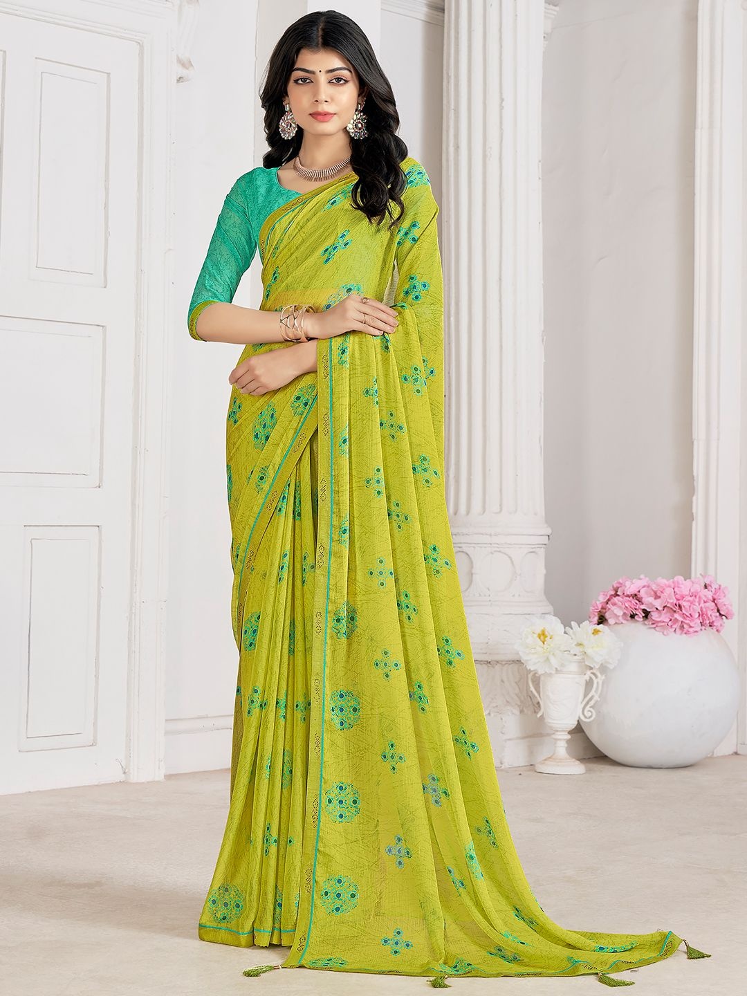 

LeeliPeeri Designer Floral Beads and Stones Poly Chiffon Saree, Green