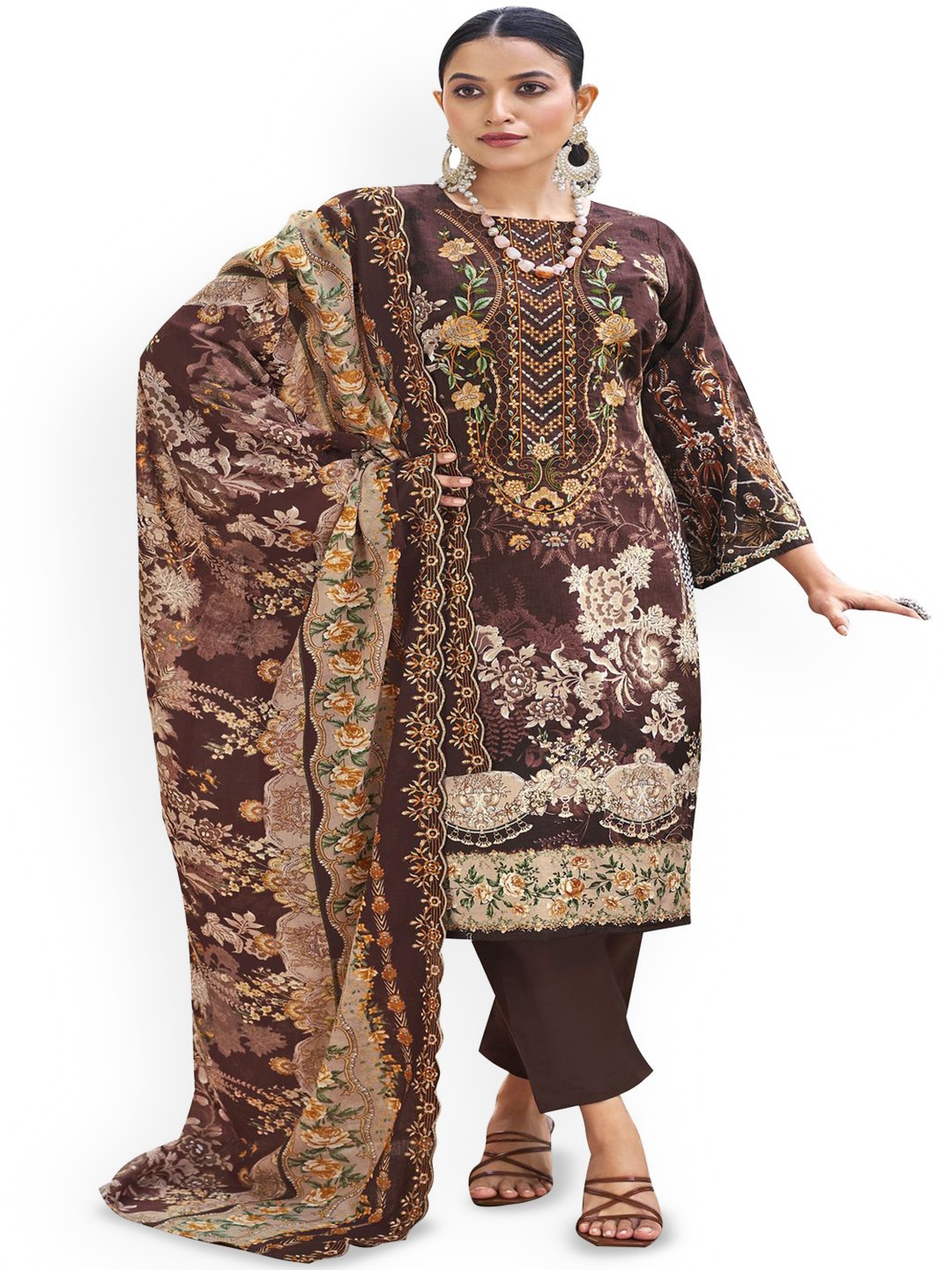 

DRAVINAM Trends Embroidered Pure Cotton Unstitched Dress Material, Brown