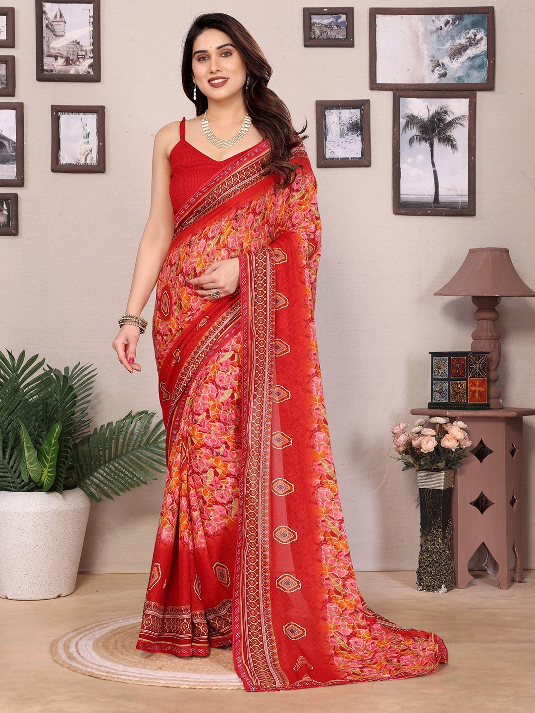 

Moda Rapido Floral Beads and Stones Poly Georgette Saree, Red