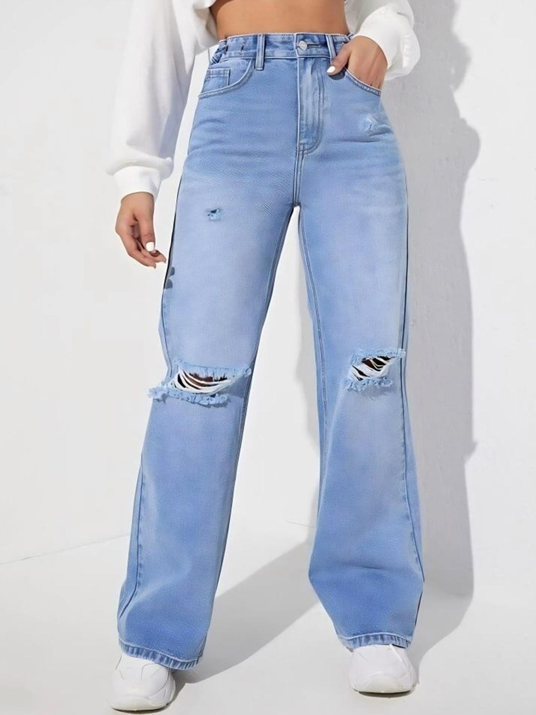 

Moda Rapido Women Comfort Boyfriend Fit High-Rise Highly Distressed Light Fade Jeans, Blue