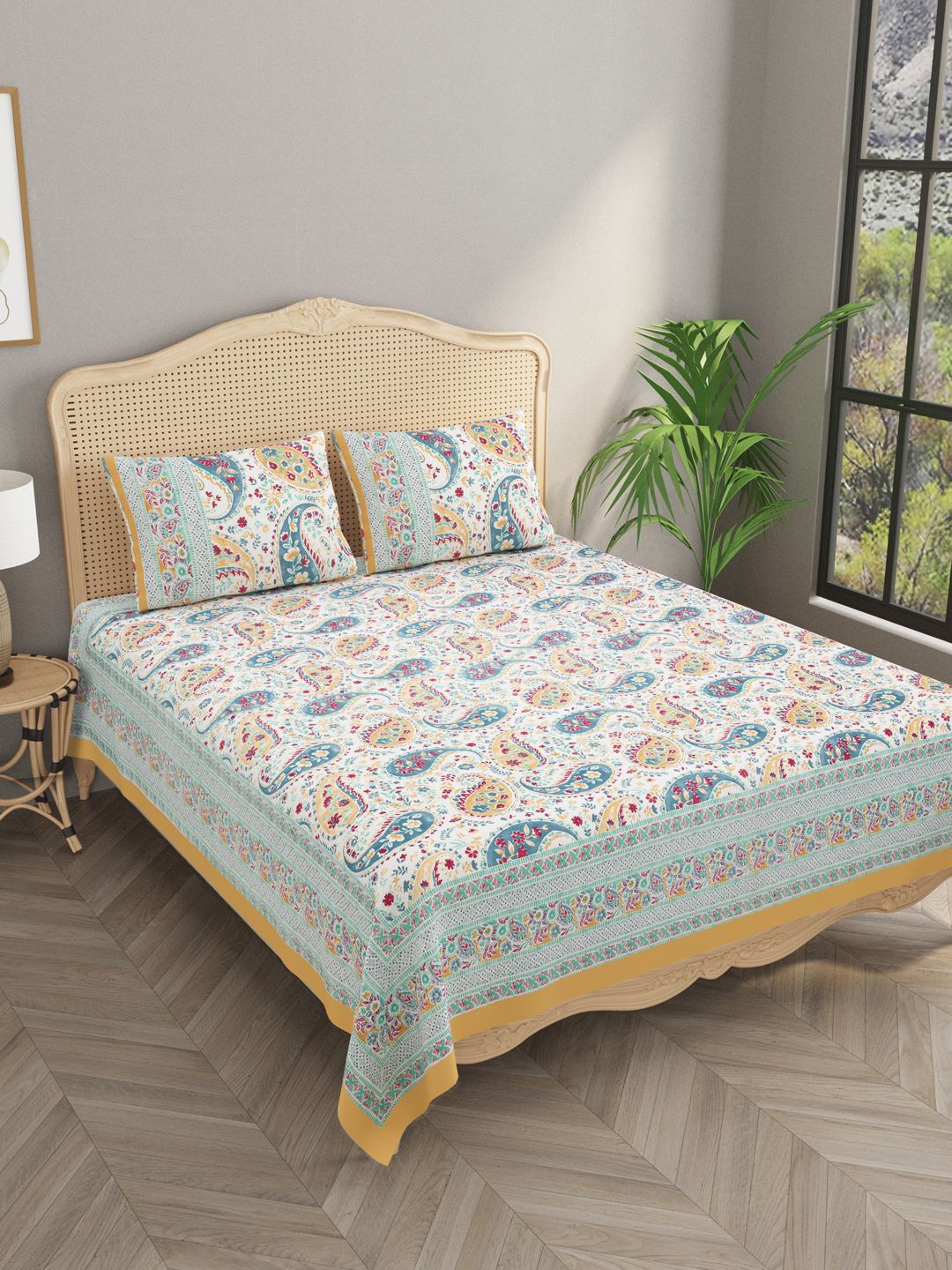 

Gulaab Jaipur White & Blue Floral 400 TC King Bedsheet with 2 Pillow Covers