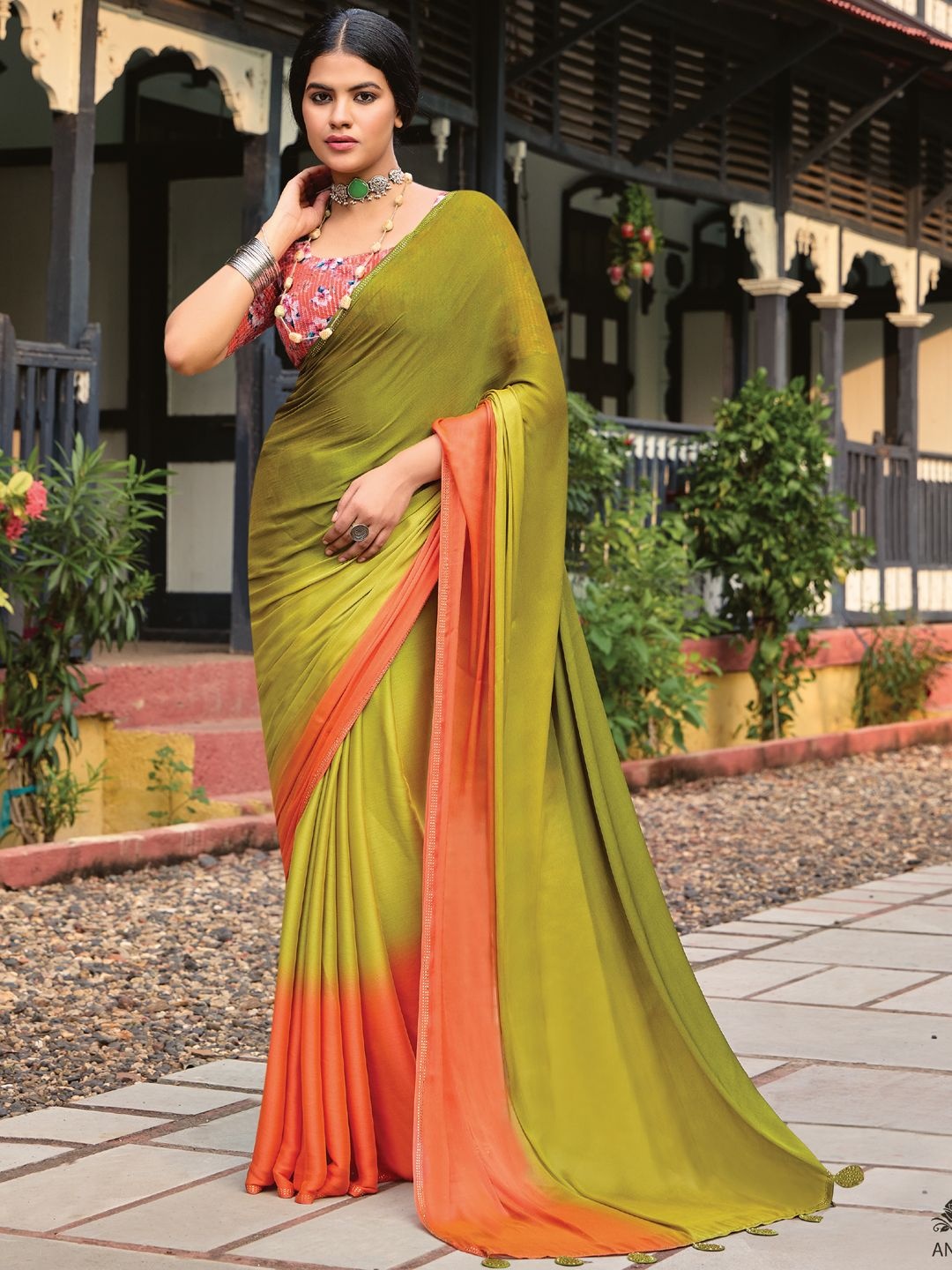 

LeeliPeeri Designer Ombre Beads and Stones Poly Chiffon Saree, Green