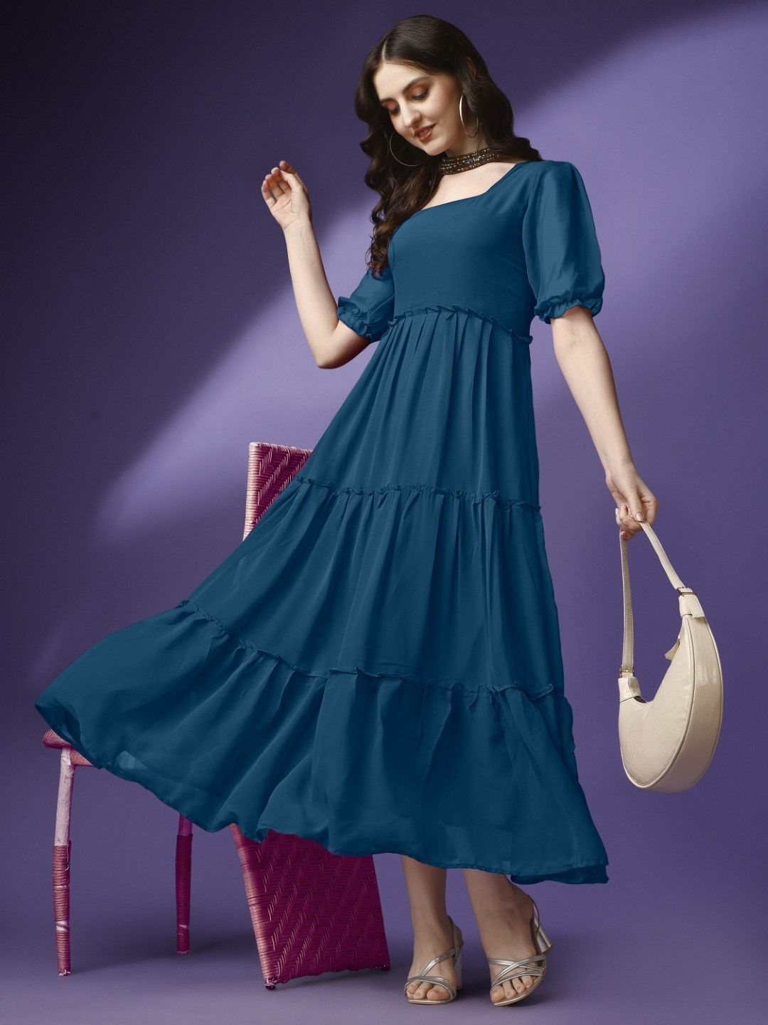 

Jash Creation Bell Sleeve Applique Georgette Fit & Flare Maxi Dress, Blue