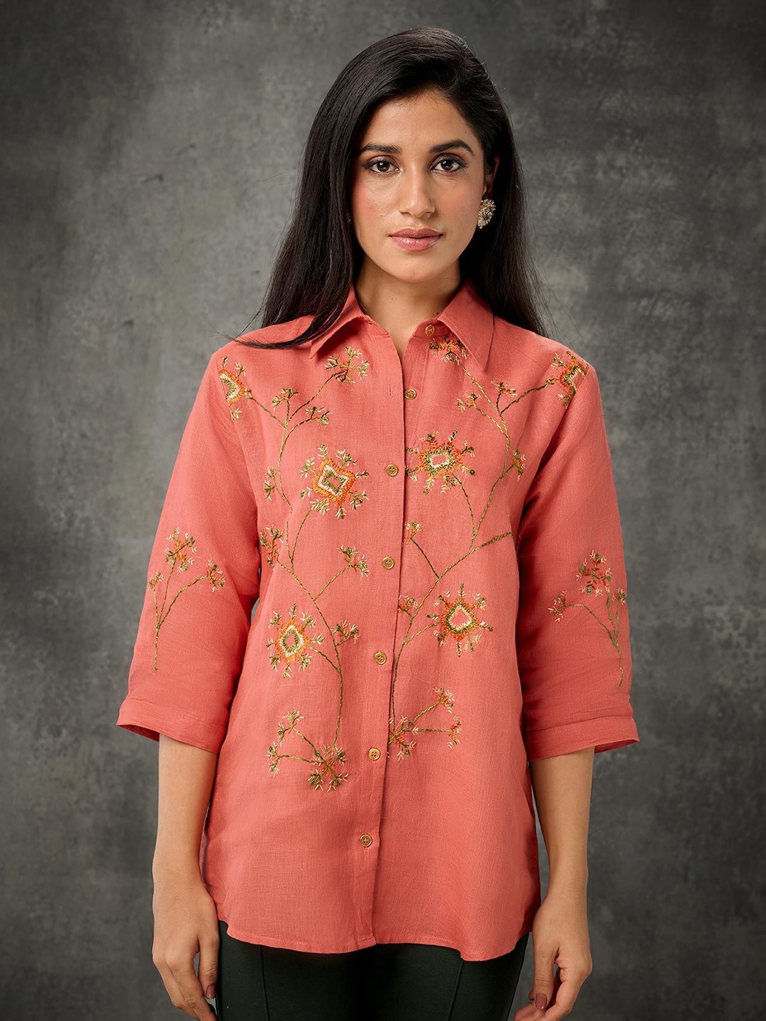 

Phulkari Forever Floral Embroidered Linen Shirt Style Top, Orange