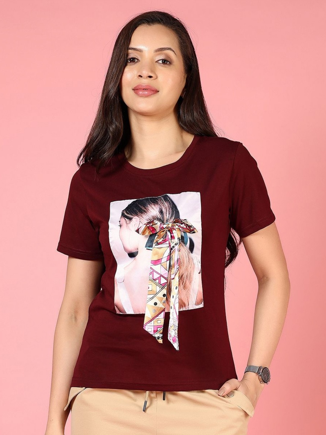 

V-Mart Women Printed Extended Sleeves T-shirt, Maroon