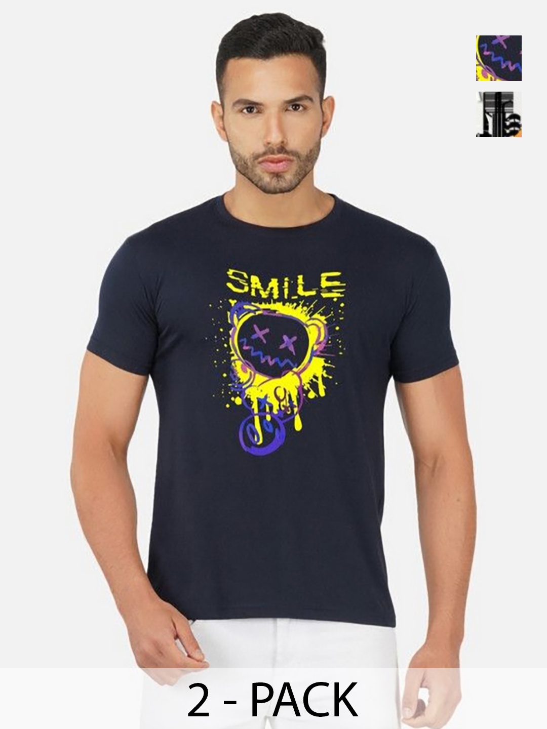 

GLOBAL NOMAD Men 2 Printed Bio Finish Applique T-shirt, Navy blue