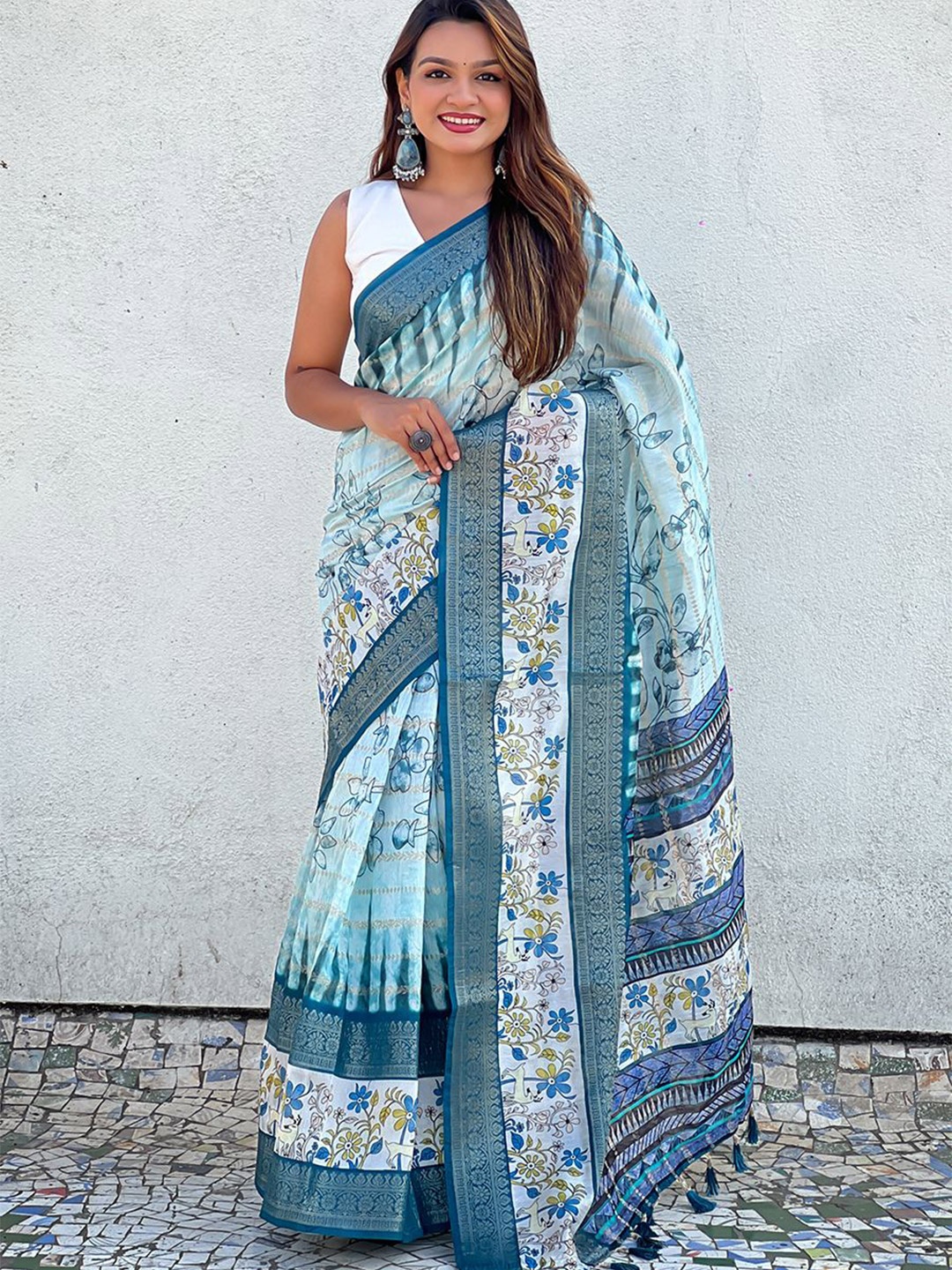 

all about you Floral Zari Chanderi Saree, Blue