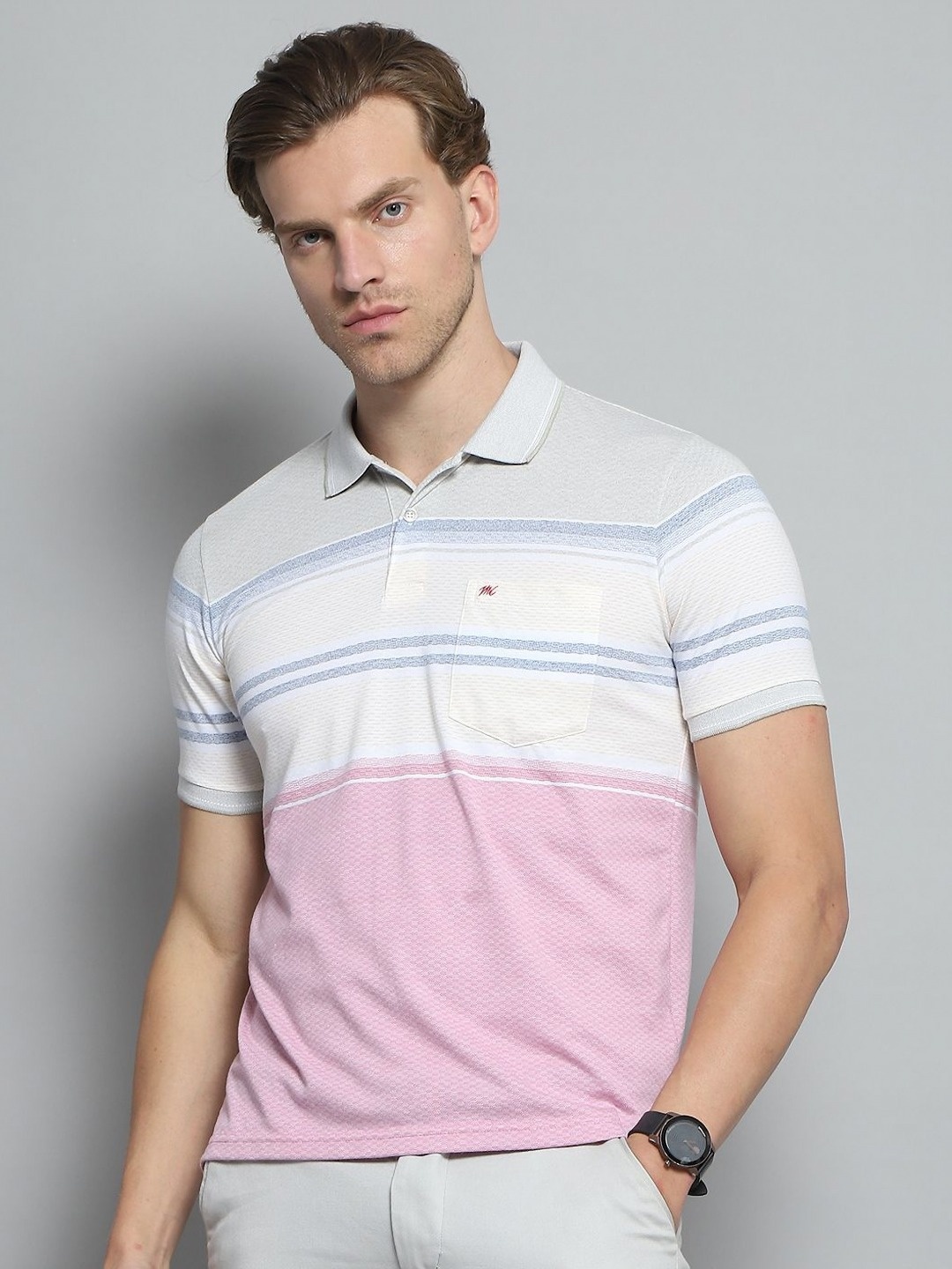 

Monte Carlo Men Striped Polo Collar Pockets T-shirt, Pink