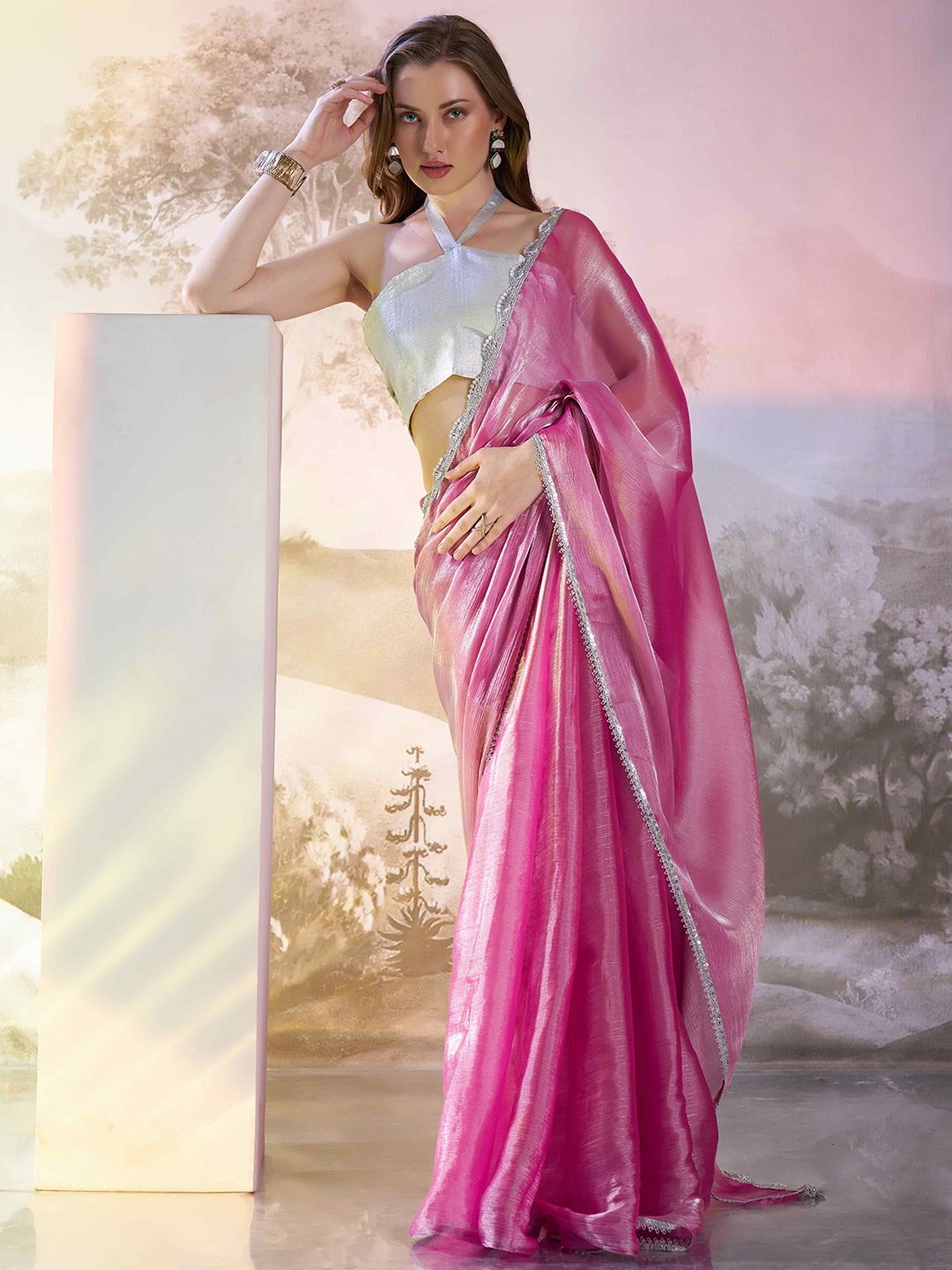 

HERE&NOW Beads and Stones Organza Tussar Saree, Pink