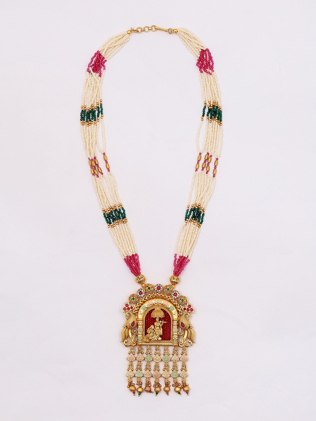 

Exotic India Beaded Multi Strand Long Radha Krishna Necklace & Earring Set, Gold